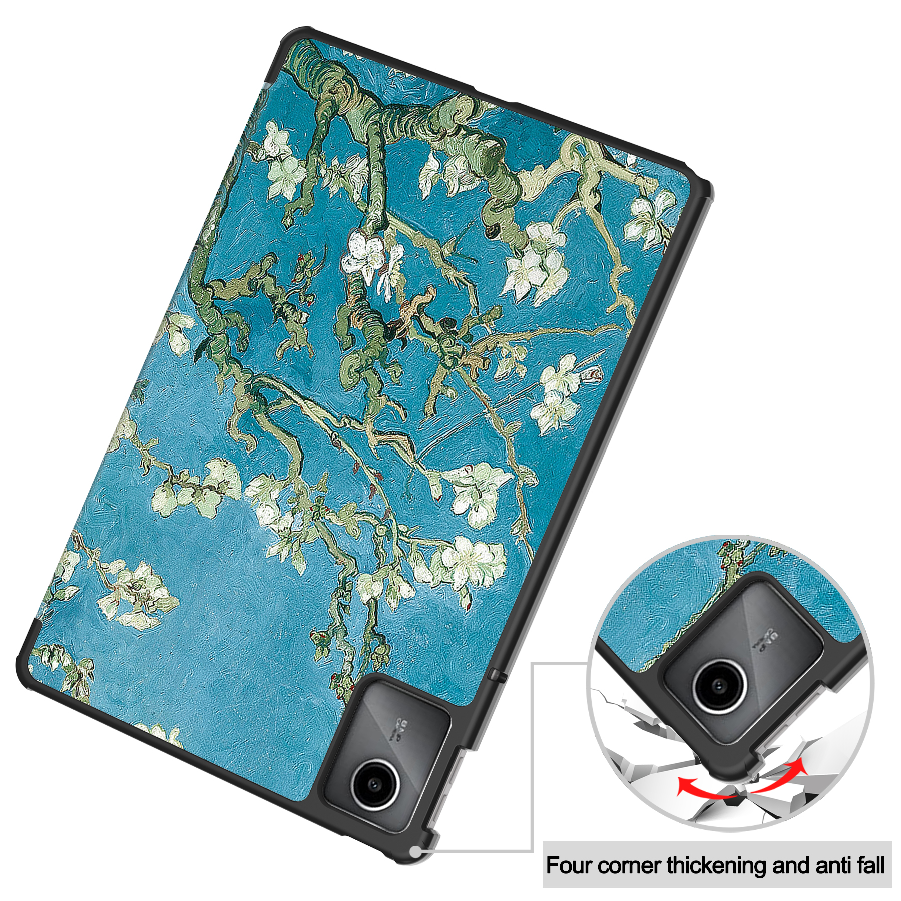 Tablet-Hülle mit Van Goghs 'Mandelblüten'. Details umfassen einen schwarzen Rahmen, Eckenschutz und eine Kamera.