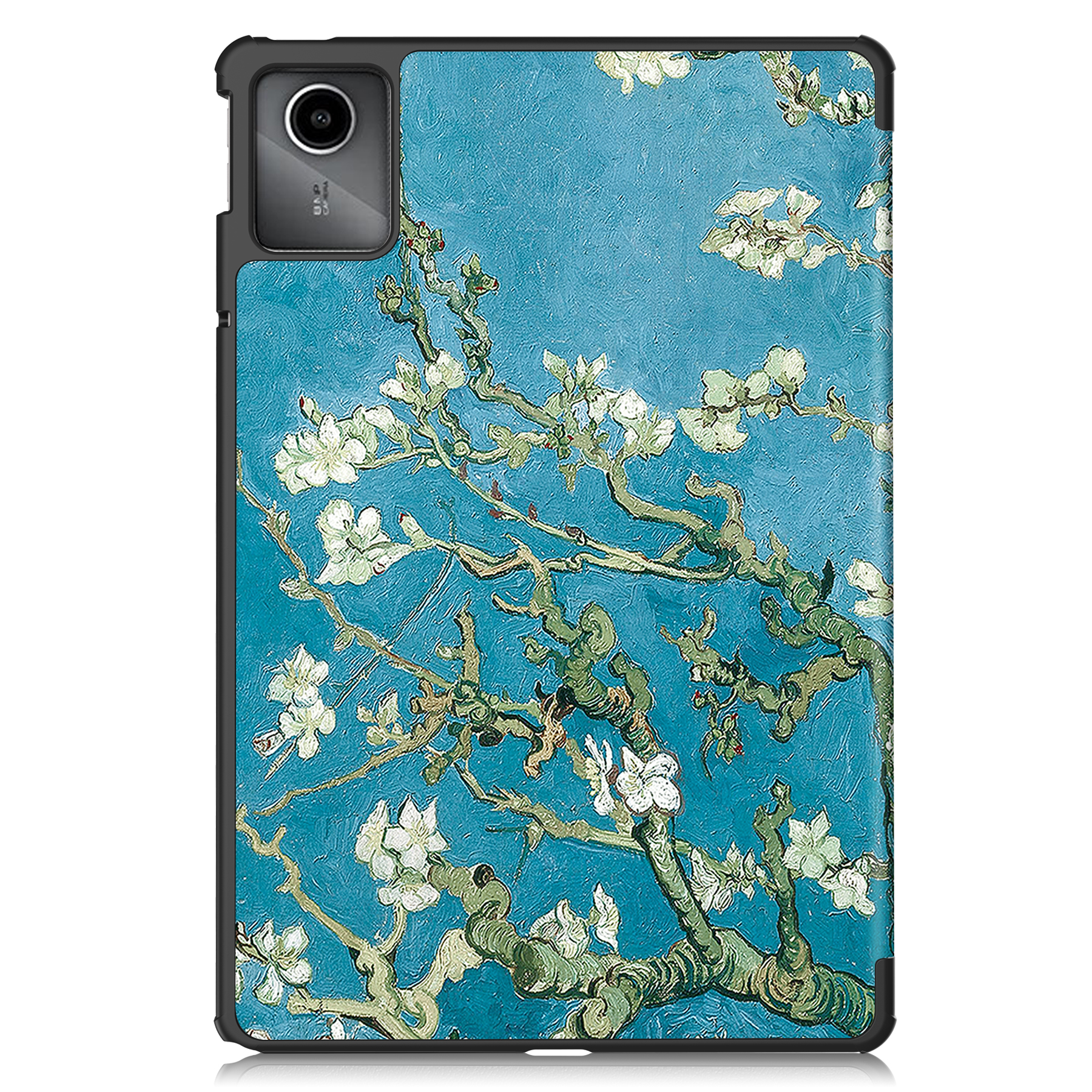 Tablethülle, Van Goghs Mandelblüten. Türkisfarbener Hintergrund mit Ästen weißer Blumen.