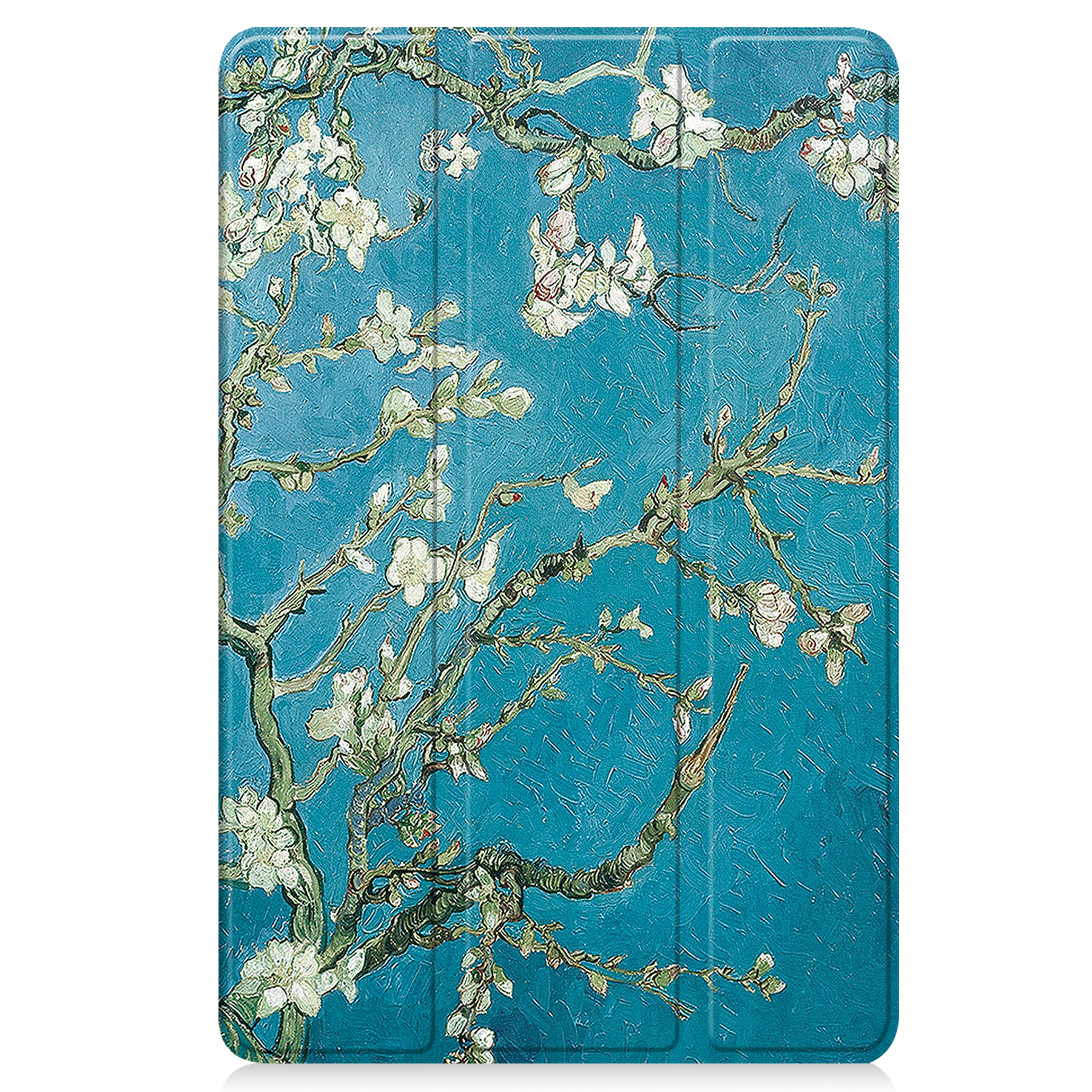 Tablet-Hülle mit einem Gemälde von blühenden Mandelzweigen vor blauem Hintergrund, im Stil von Van Gogh.