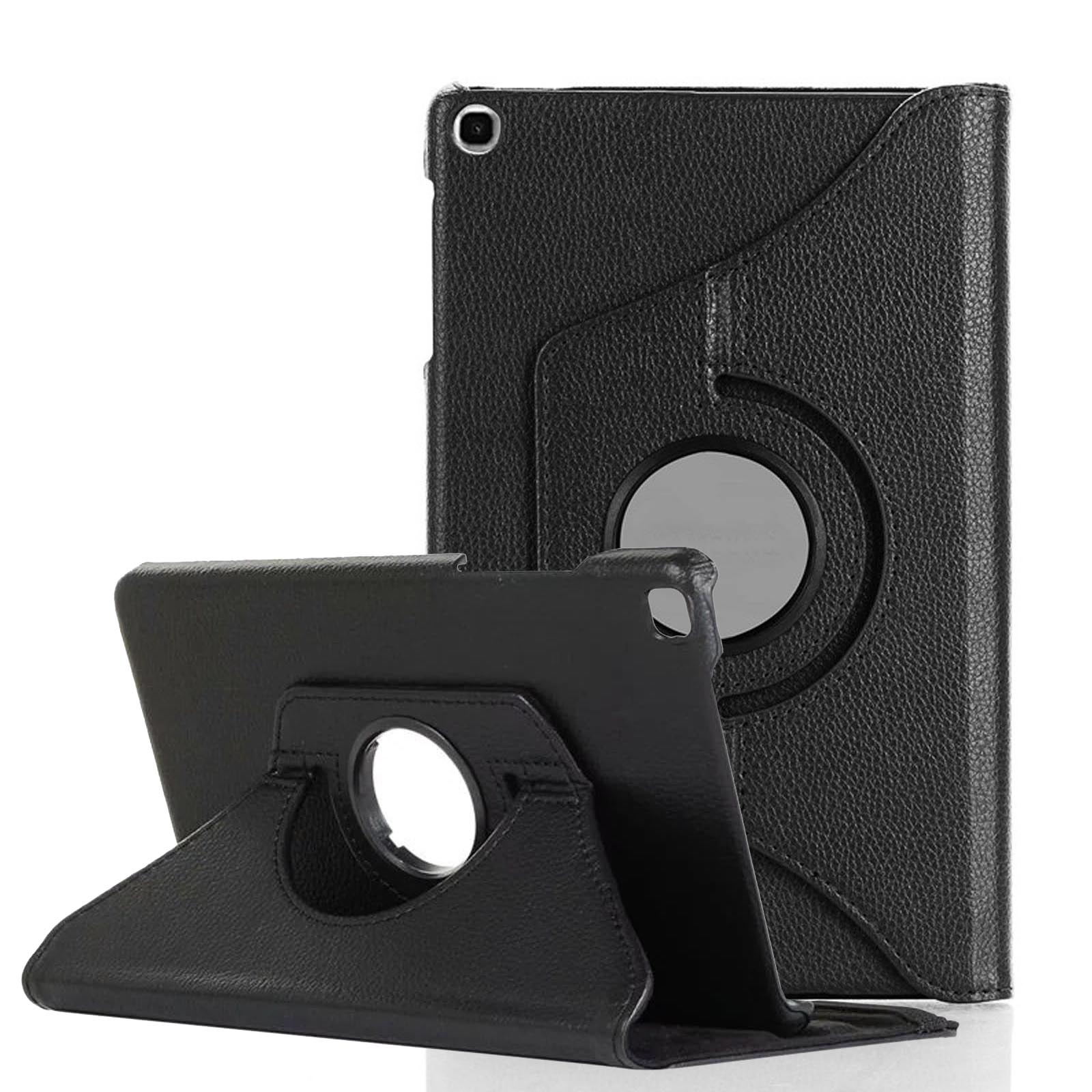Schwarze Tablet-Hülle mit Ständerfunktion. Die Hülle ist ledertexturiert, mit einem Drehring. Der Ständer ist abgewinkelt.