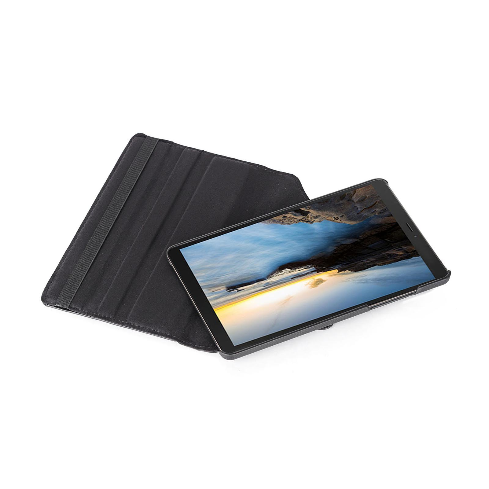 Schwarzes Tablet in schwarzer Hülle mit Strandansicht. Die Hülle ist offen.