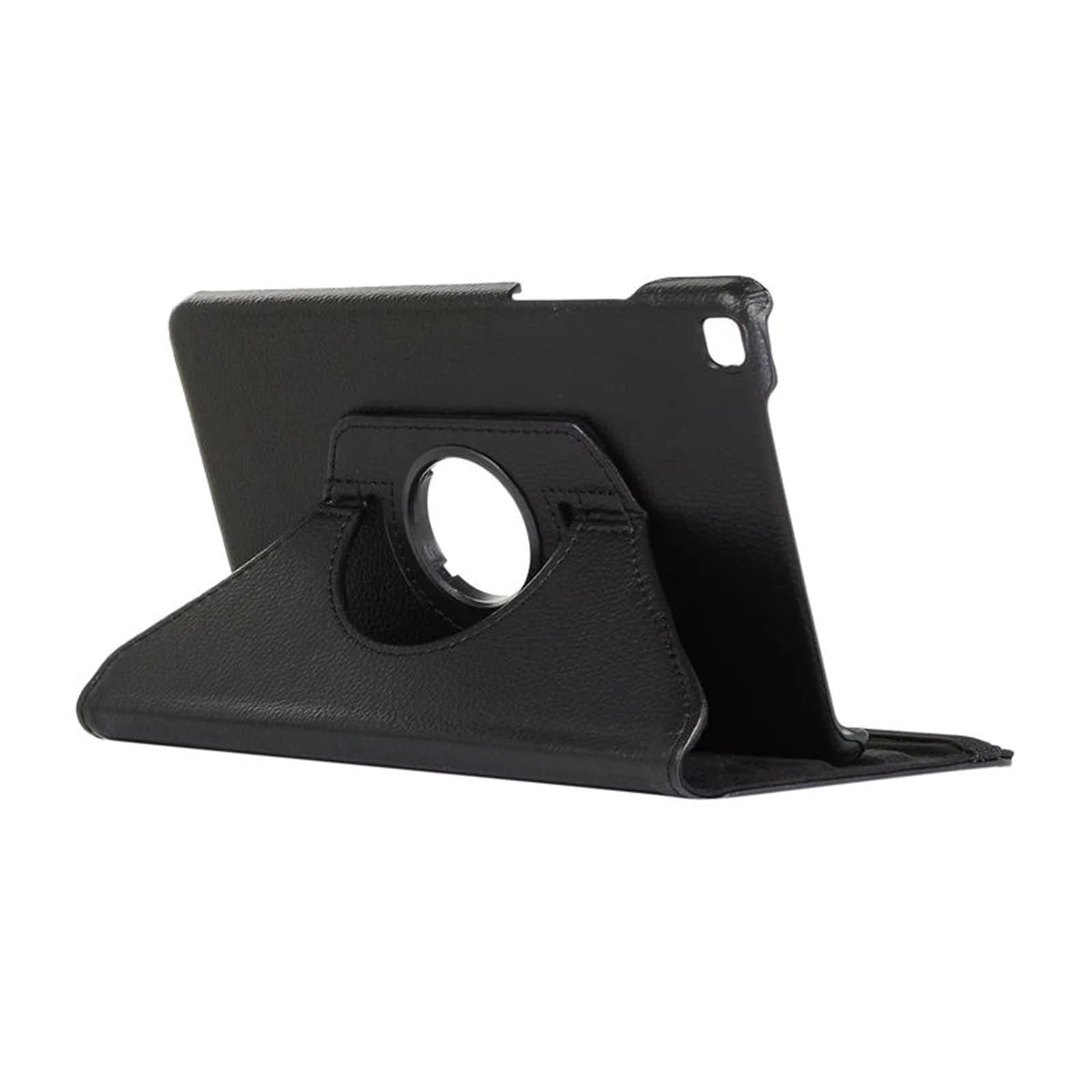 Eine schwarze Tablethülle auf weißem Grund. Die Hülle hat einen drehbaren Ständer mit einem kreisförmigen Loch.