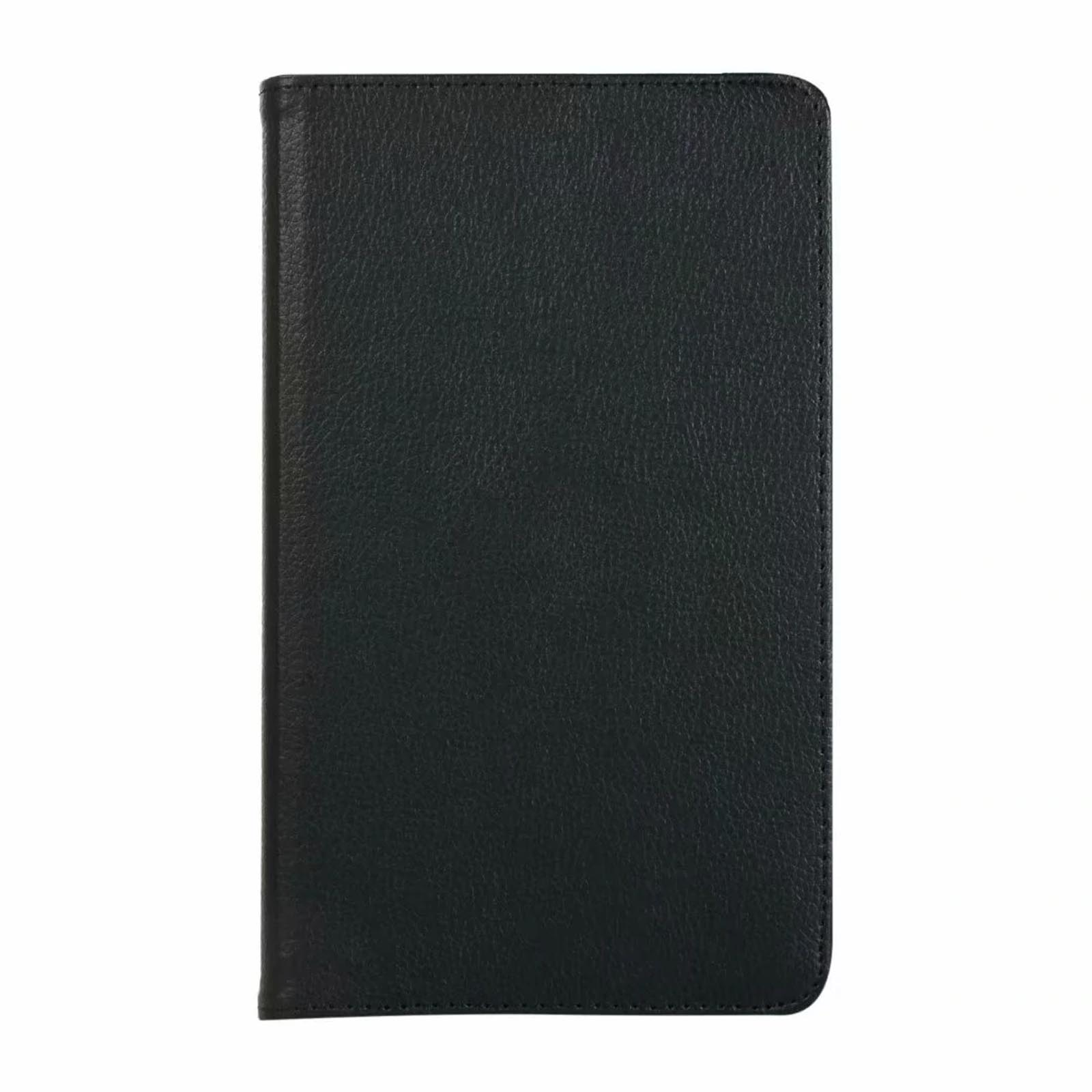 Eine schwarze Lederbuch- oder Tablet-Hülle ist auf weißem Hintergrund zentriert. Sie ist rechteckig mit abgerundeten Ecken.