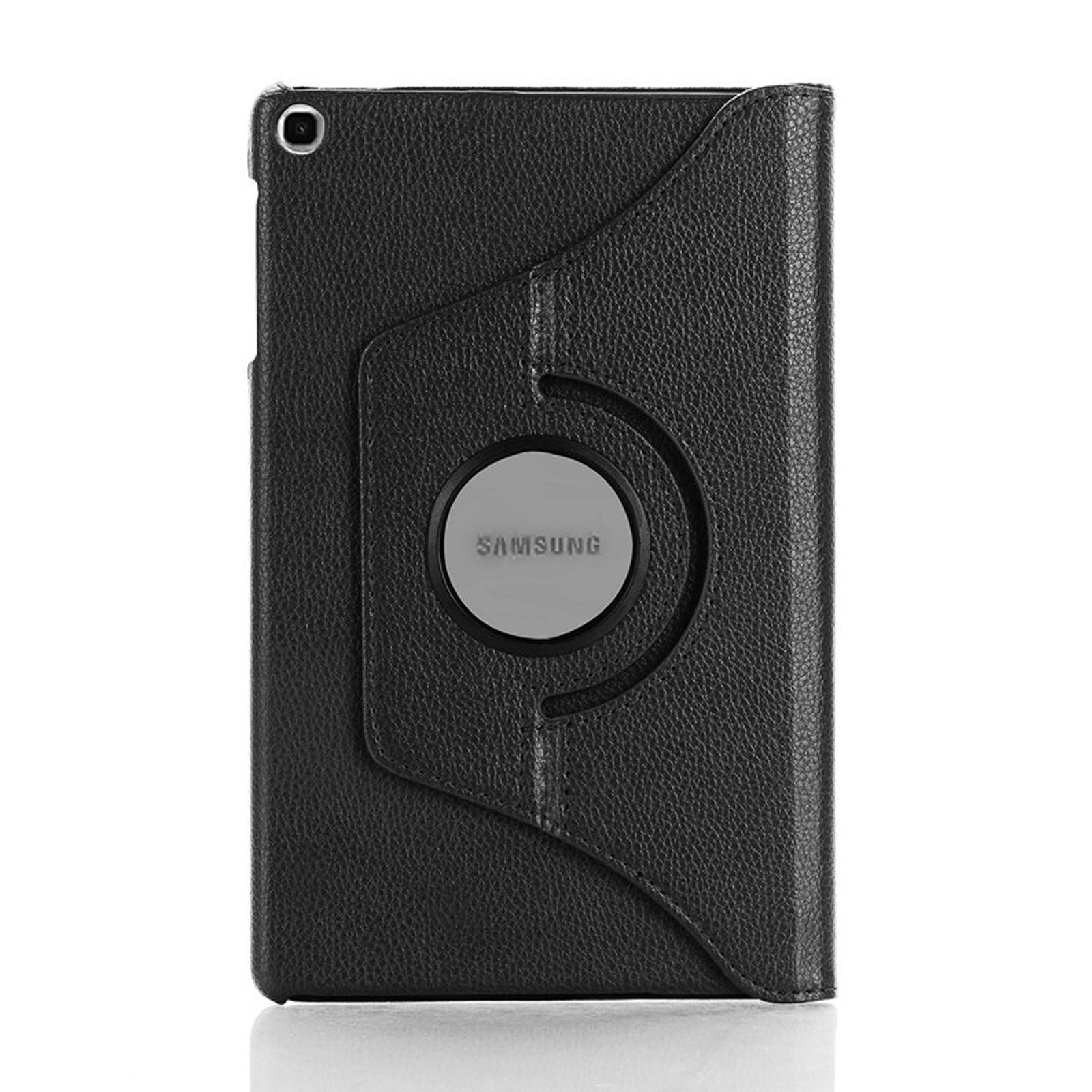 Schwarze Samsung Tablet-Hülle. Sie hat eine strukturierte Oberfläche, einen kreisförmigen Halter und ein Loch.