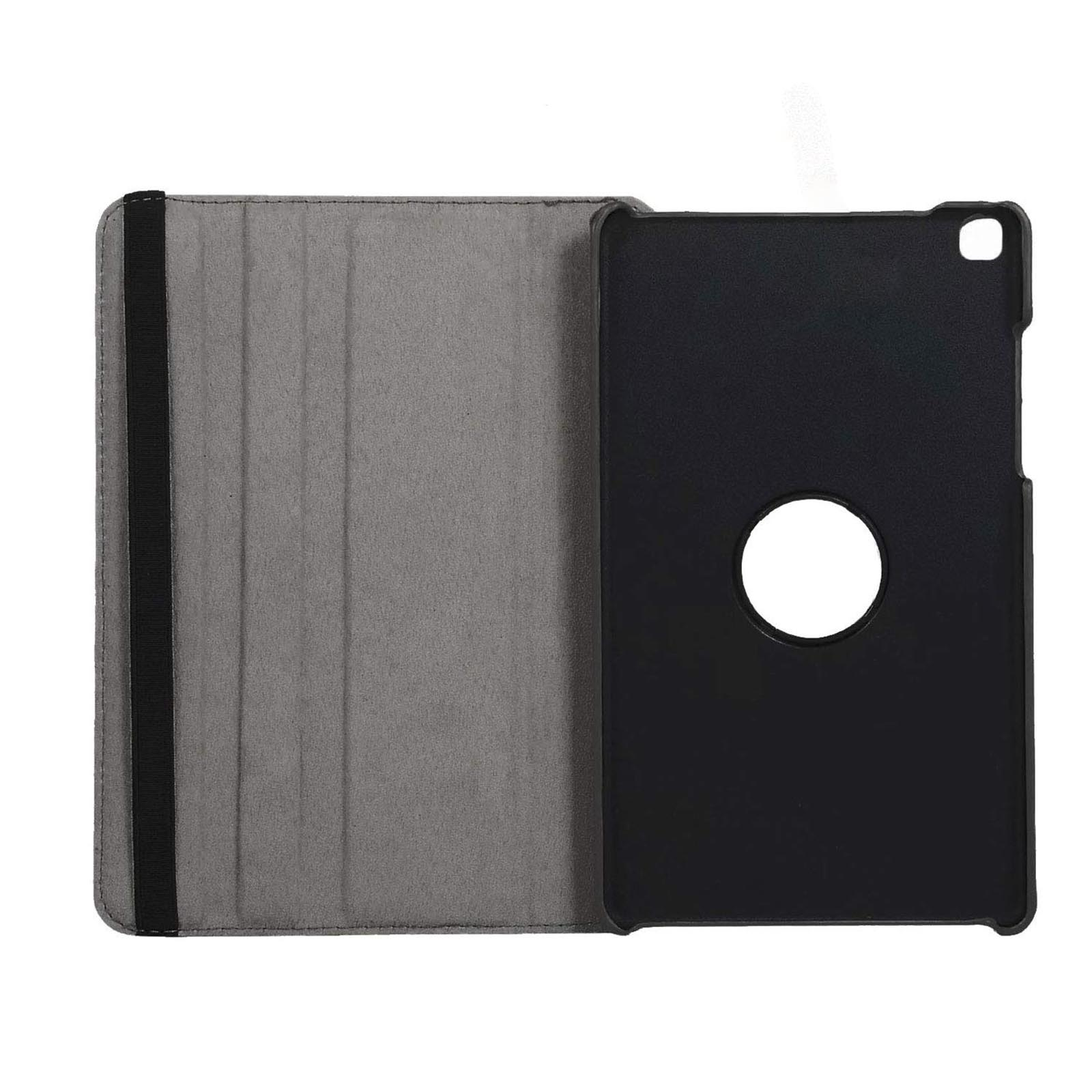 Geöffnete Tablet-Hülle, grau und schwarz. Die rechte Seite ist schwarz mit einem weißen Kreis. Linke Seite grau mit schwarzem Riemen.