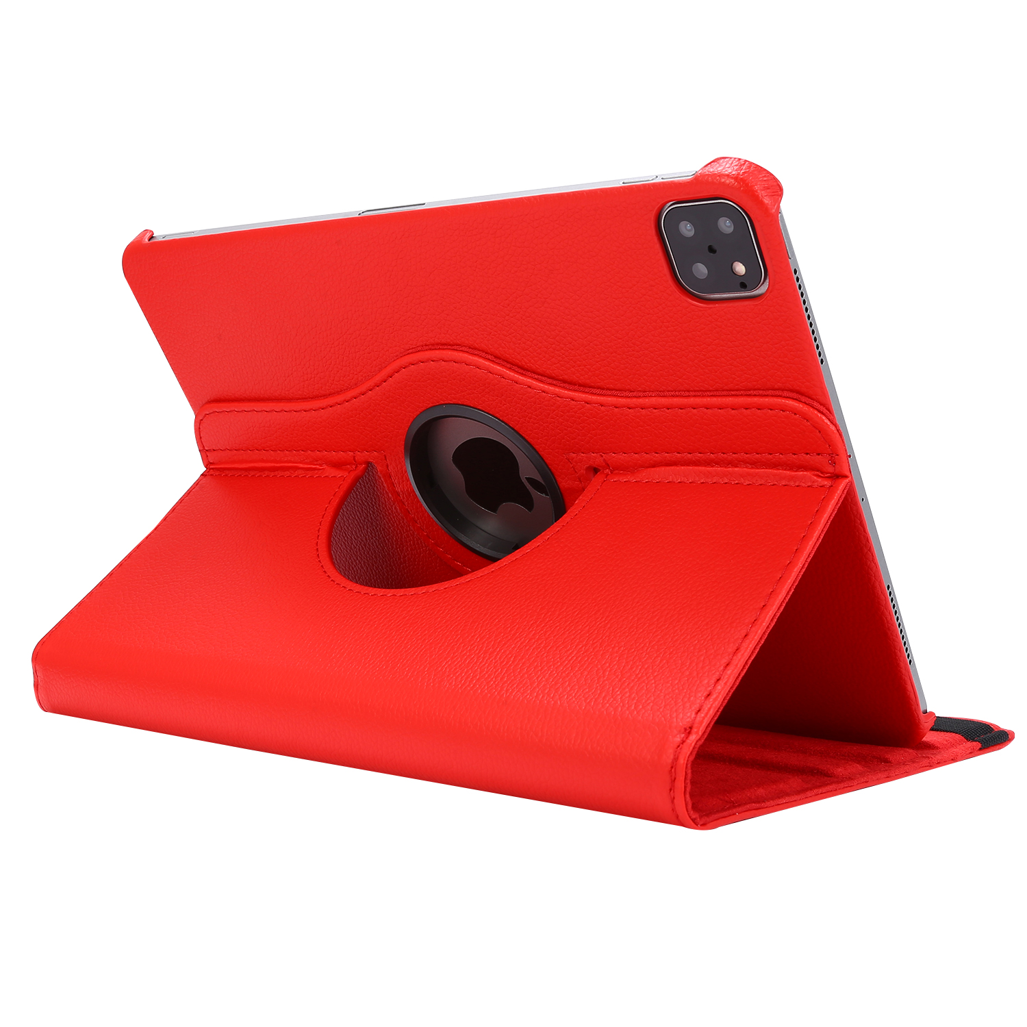 Gezeigt wird eine rote iPad-Hülle, die geöffnet und aufrecht steht. Die Hülle hat einen drehbaren Ständer und ein Apple-Logo.