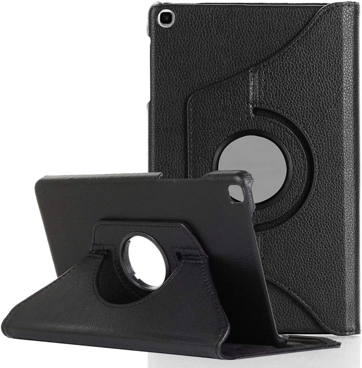 Schwarze Tablet-Hülle mit Ständer aus strukturiertem Leder. Eine Hülle ist offen, die andere geschlossen mit Drehfunktion.