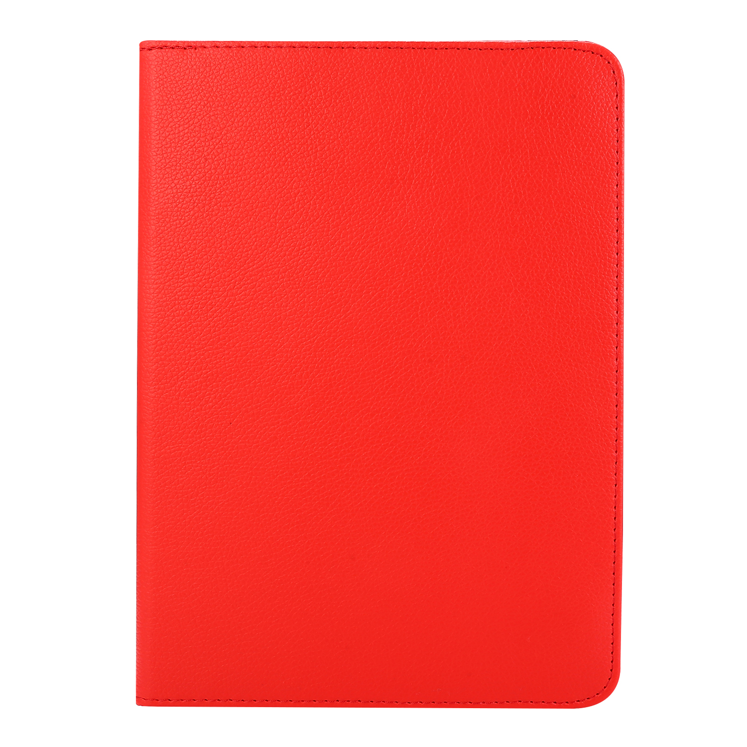 Eine leuchtend rote Tablet-Hülle aus Leder. Die Hülle ist rechteckig mit abgerundeten Ecken und einem genähten Rand.