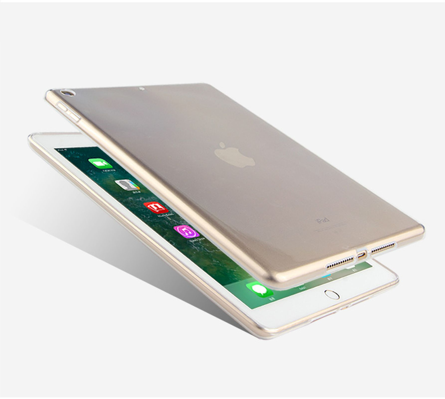 Zwei iPads werden angezeigt, eines leicht über dem anderen. Das obere zeigt ein Apple-Logo. Das untere zeigt App-Symbole.
