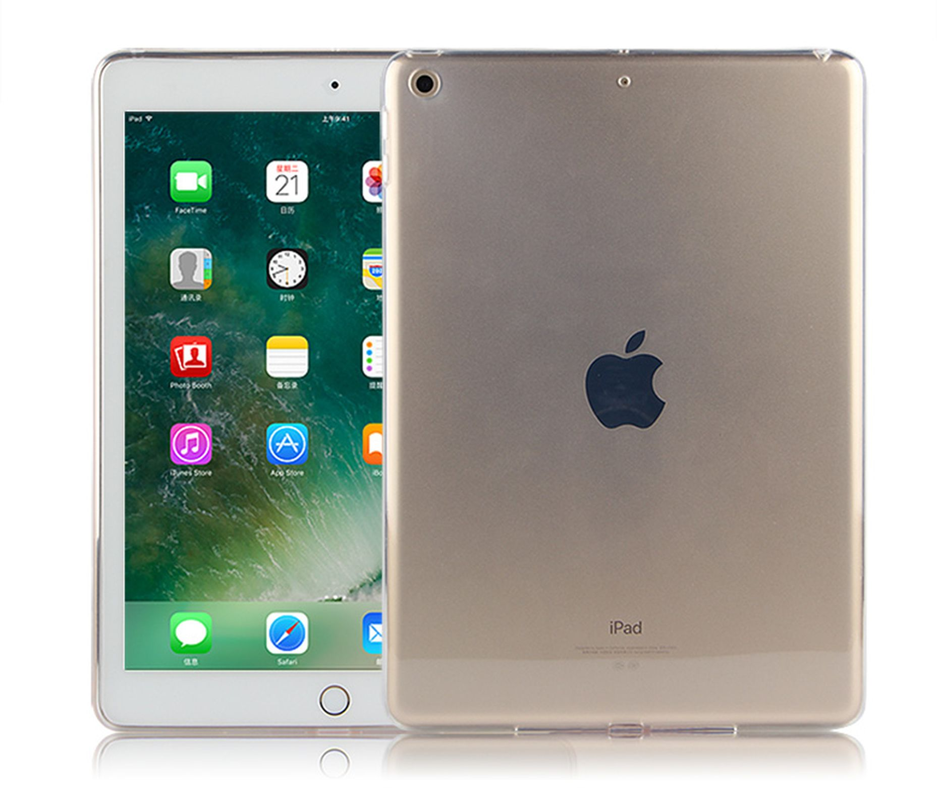 Ein iPad mit App-Symbolen auf dem Bildschirm. Die Rückseite hat ein Apple-Logo.