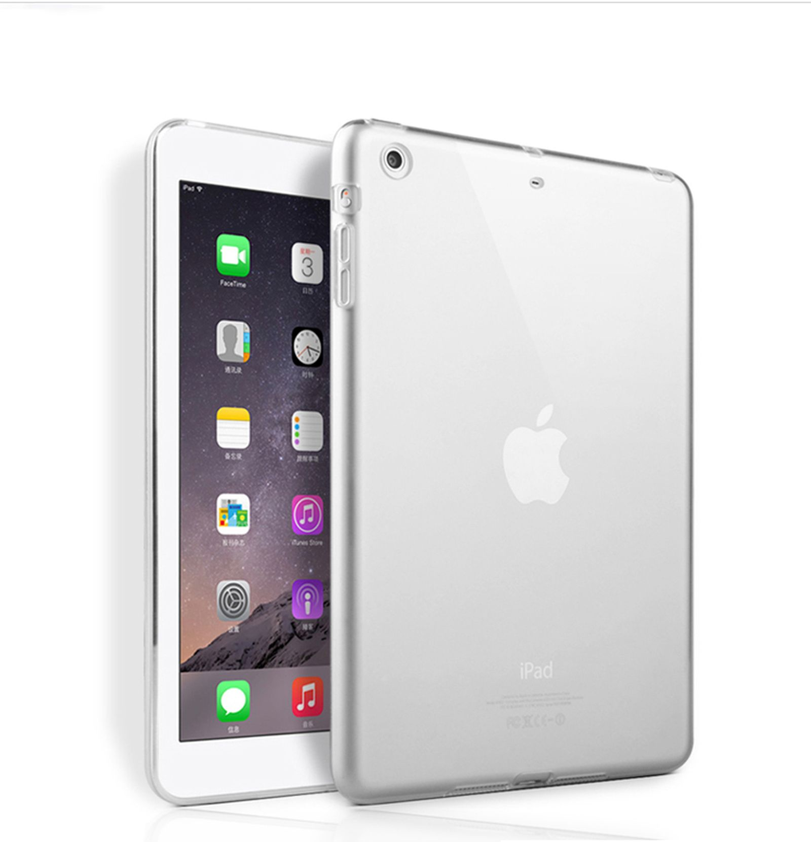 Zwei iPads, eines zeigt App-Symbole, das andere das Apple-Logo. Beide haben transparente Hüllen.