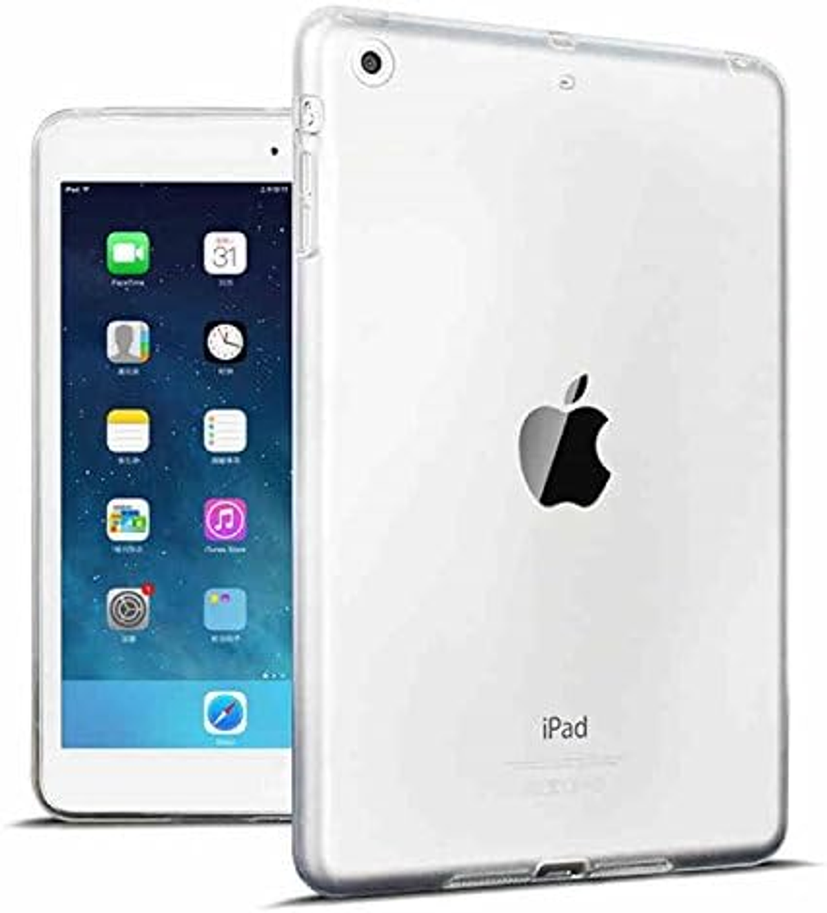 Zwei iPads. Eines zeigt den Bildschirm mit Apps, das andere das Apple-Logo. Beide haben transparente Hüllen.
