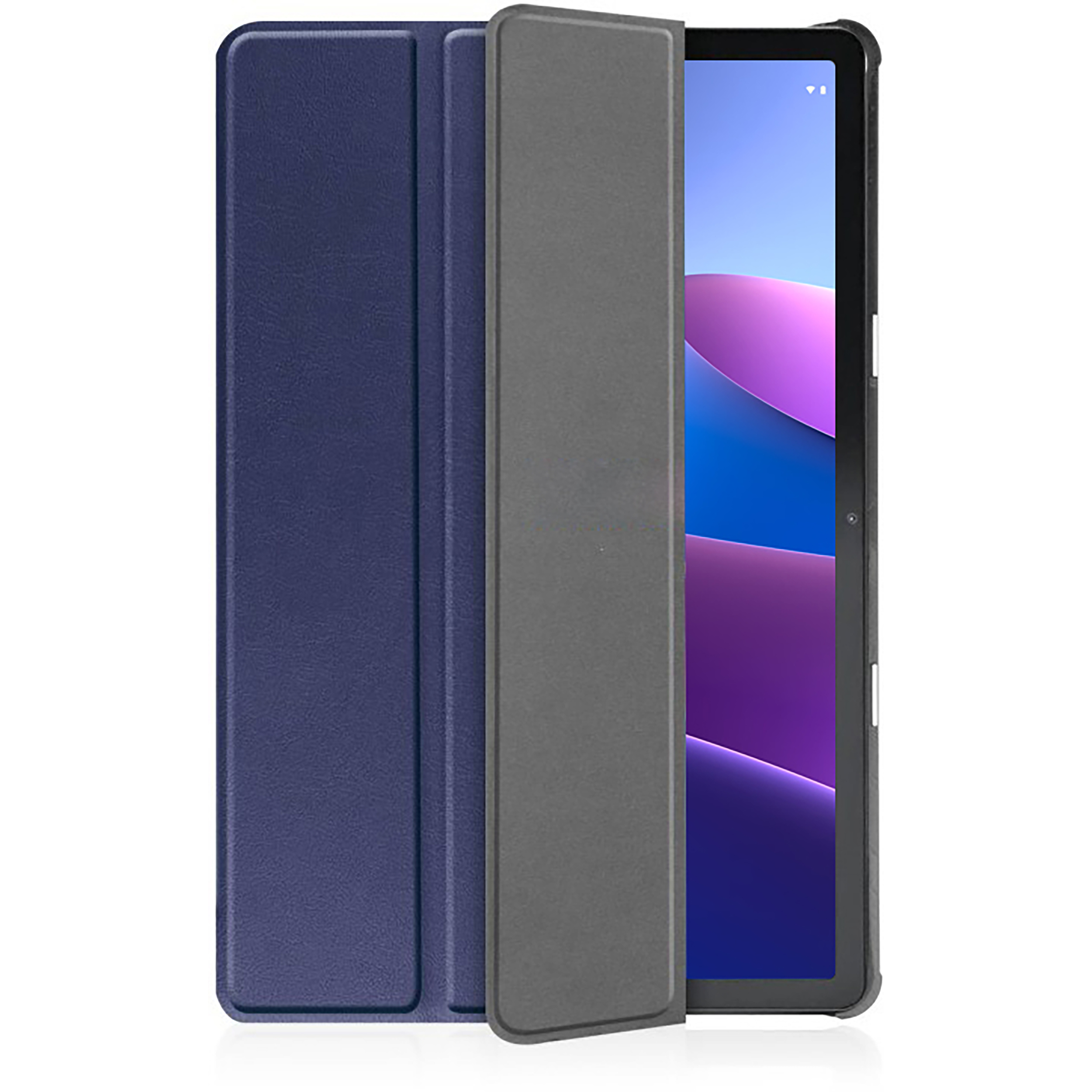 Ein Tablet in einer marineblauen Hülle, mit offenem Deckel. Der Bildschirm zeigt einen blau-violetten Hintergrund.