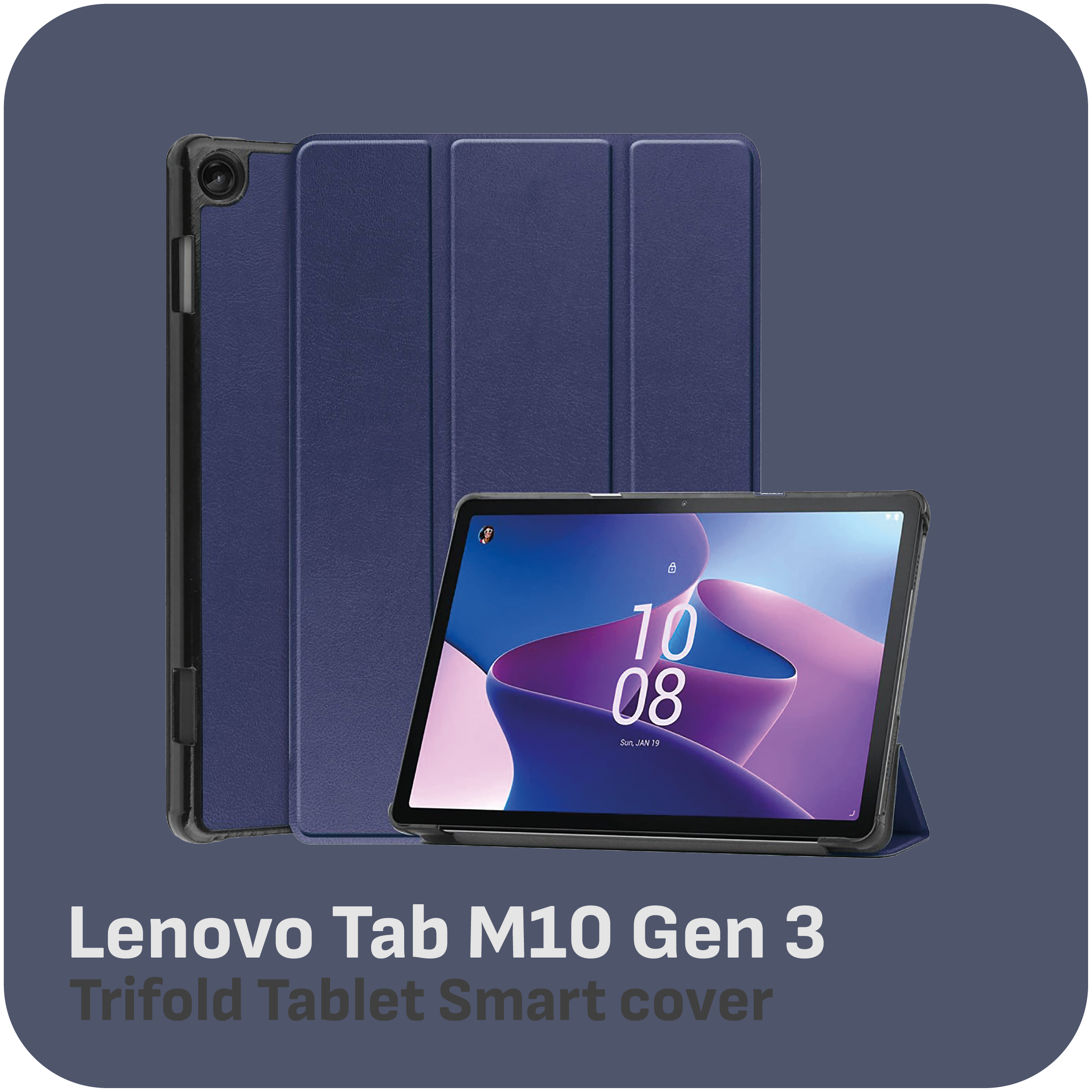 Ein Tablet mit dunkelblauer Hülle wird angezeigt. Der Tablet-Bildschirm zeigt Datum und Uhrzeit. Text darunter lautet Lenovo Tab M10 Gen 3.