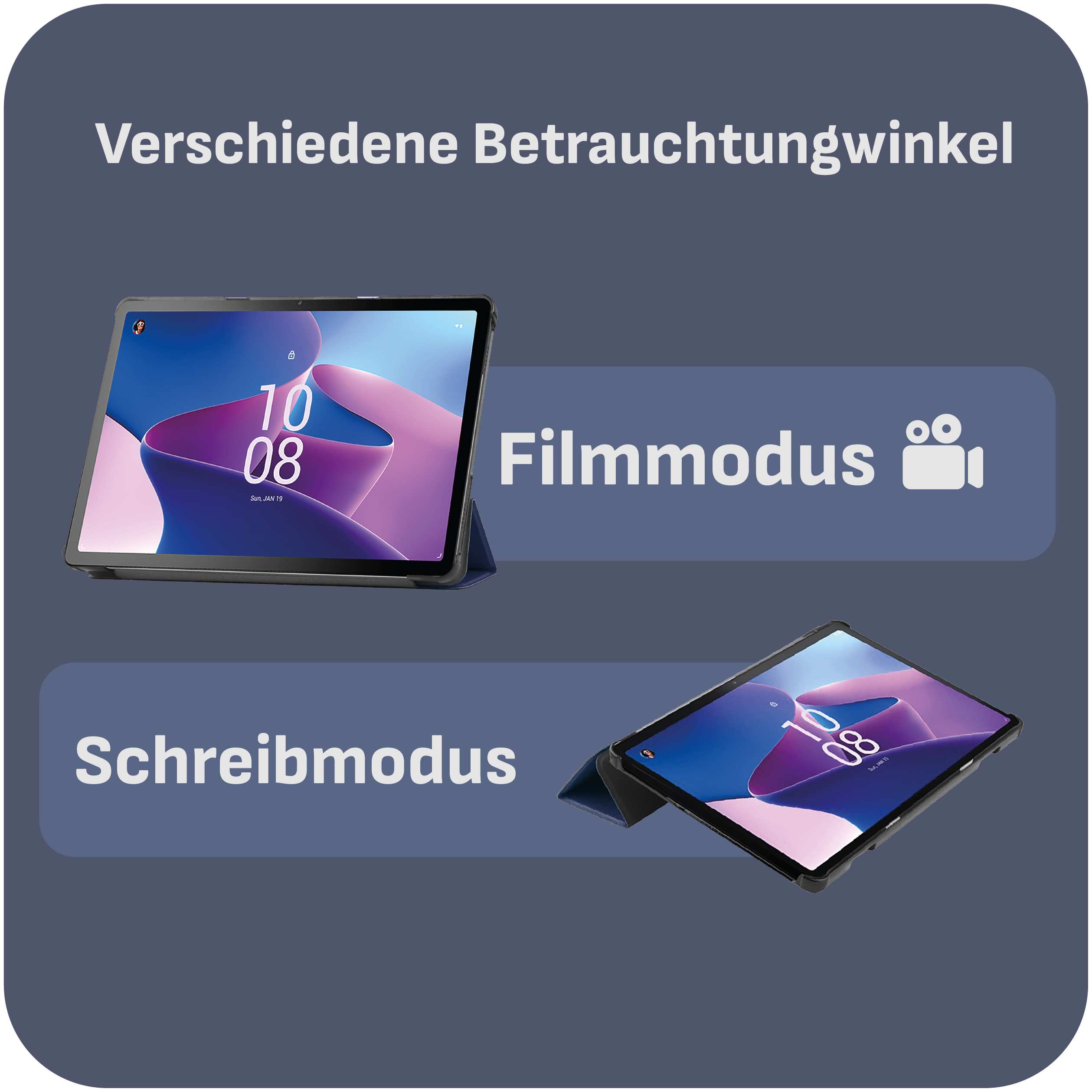 Das Bild zeigt ein Tablet in zwei Positionen: Filmmodus und Schreibmodus. Text-Overlay lautet 'Verschiedene Betrauchtungwinkel'.