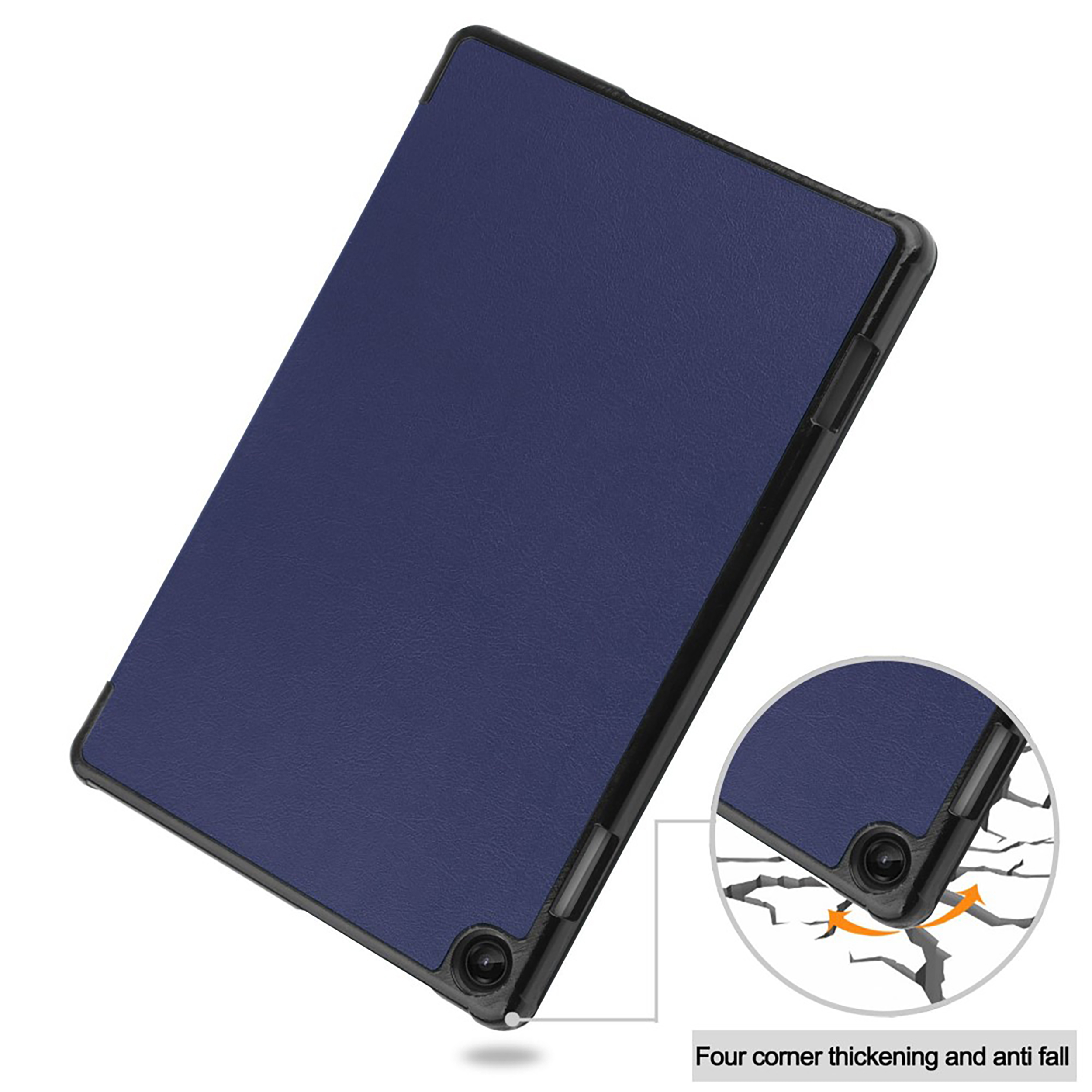 Eine blaue Tablet-Hülle mit schwarzen Rändern. Ein Detail zeigt Eckenschutz mit Anti-Fall-Design.