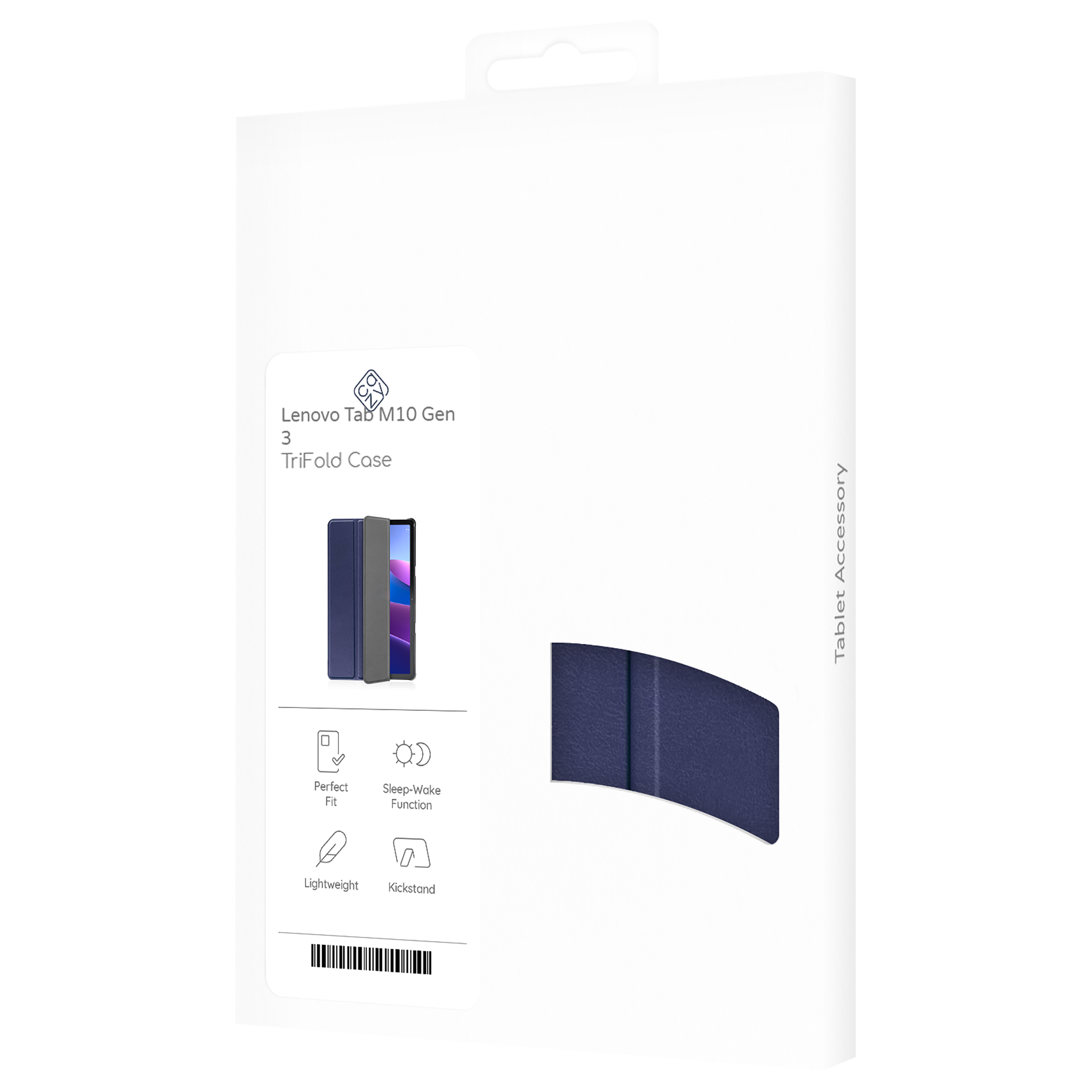 Eine Produktverpackung mit einer Tablet-Hülle. Die Hülle ist blau und die Verpackung enthält Text und Symbole.