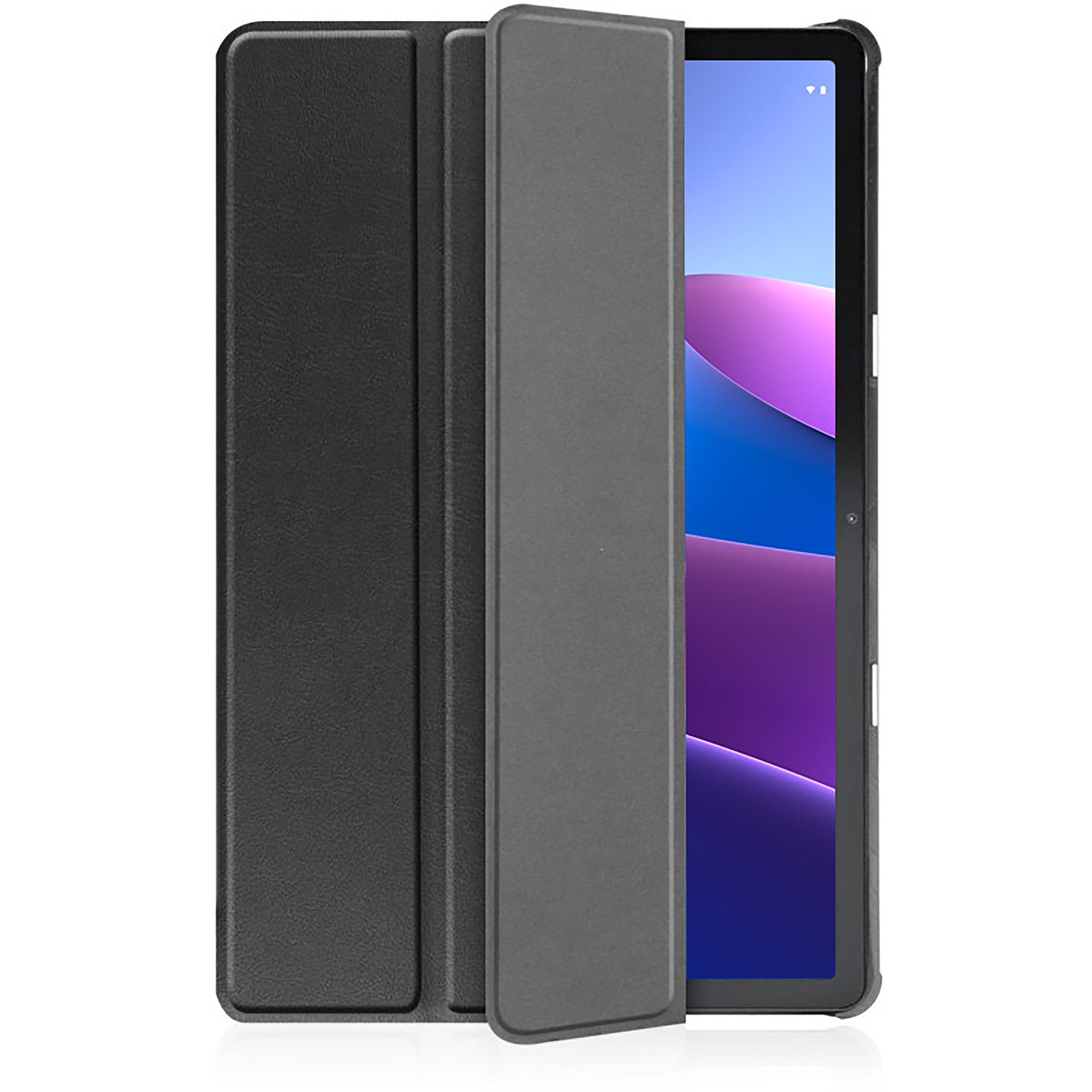Tablet in einer schwarzen Hülle, teilweise geöffnet. Der Bildschirm zeigt einen blau-violetten Farbverlauf. Die Hülle ist lederartig.
