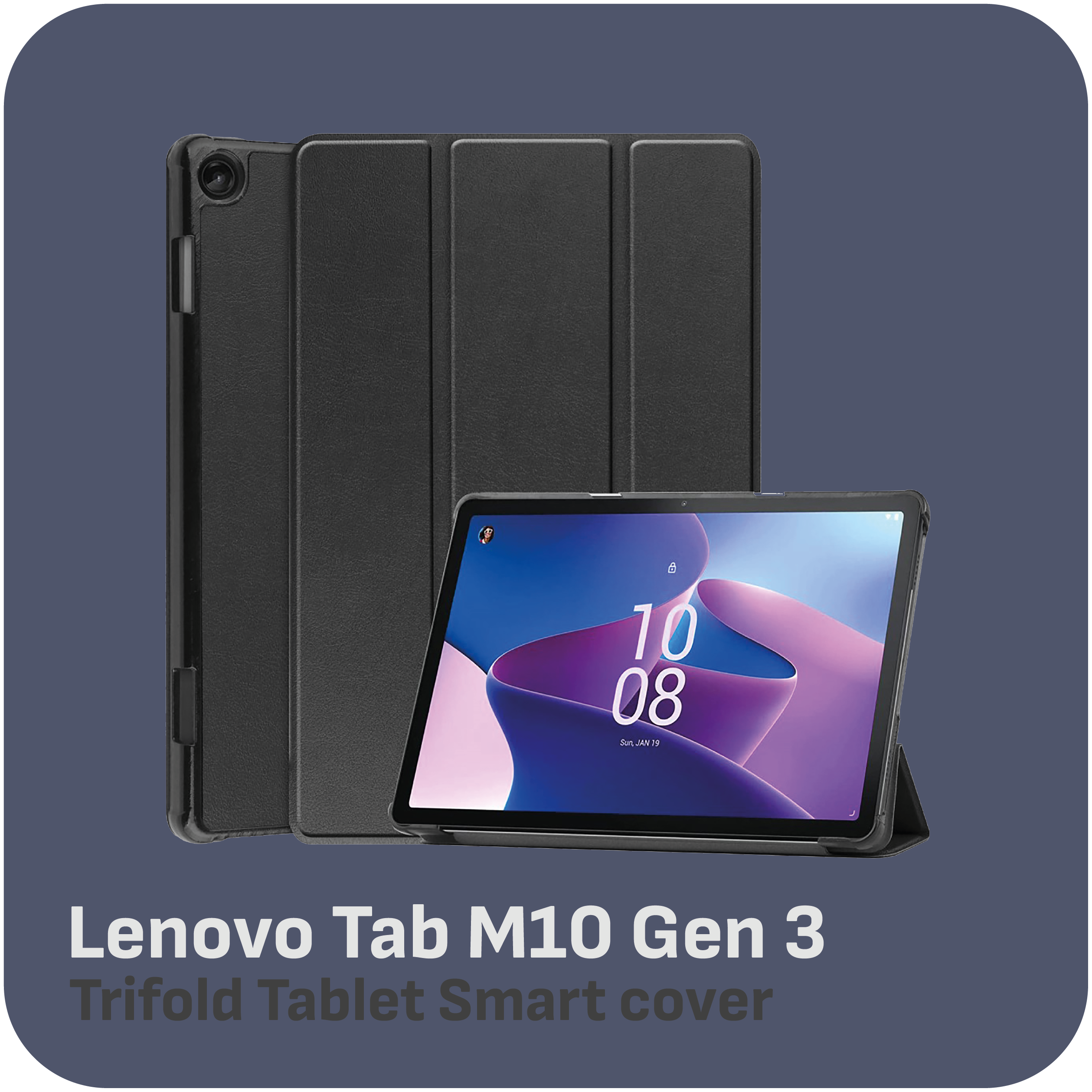 Ein schwarzes Tablet mit Hülle. Der Bildschirm zeigt Datum und Uhrzeit. Die Marke ist Lenovo.