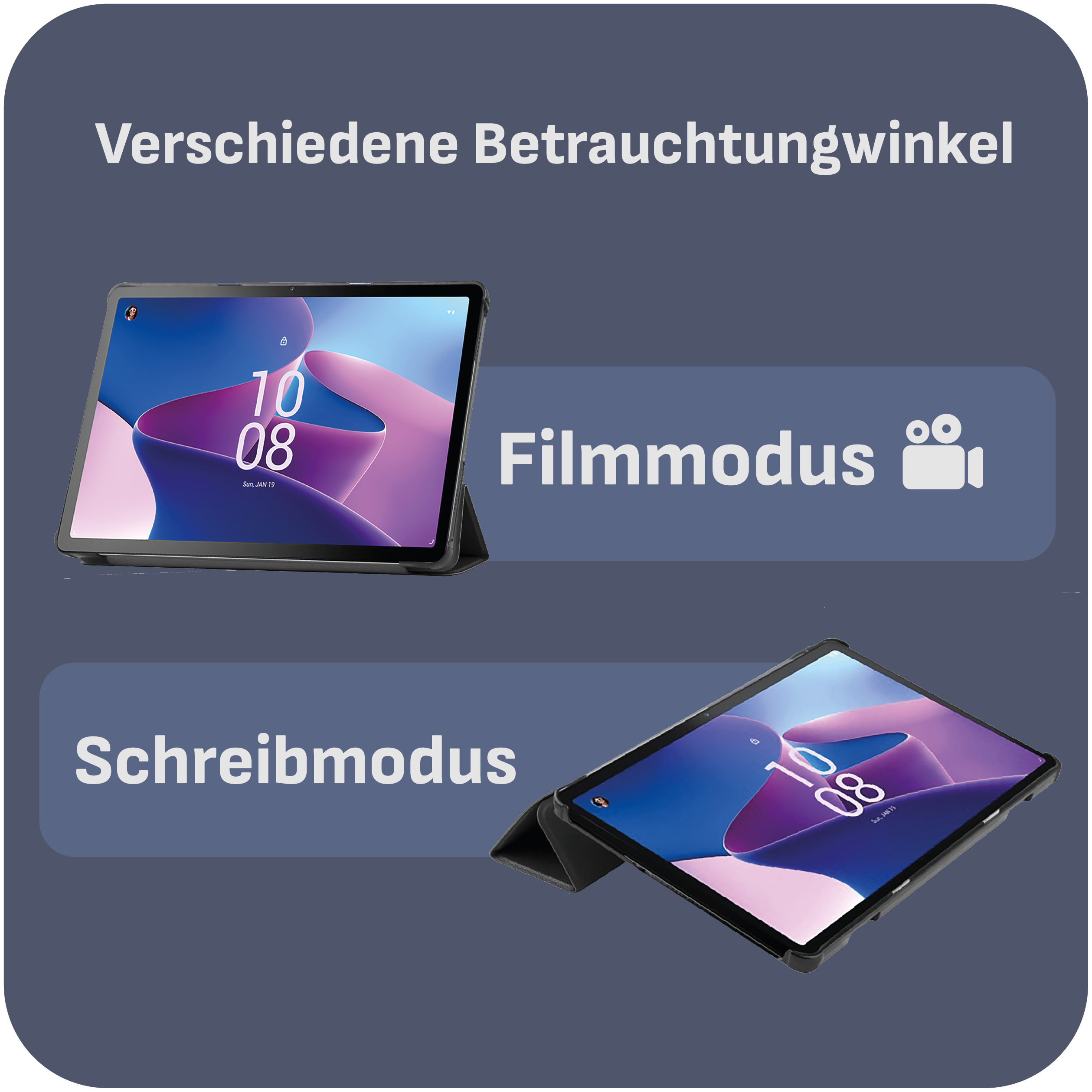 Das Bild zeigt zwei Tablets mit unterschiedlichen Blickwinkeln. Text zeigt 'Filmmodus' und 'Schreibmodus'.
