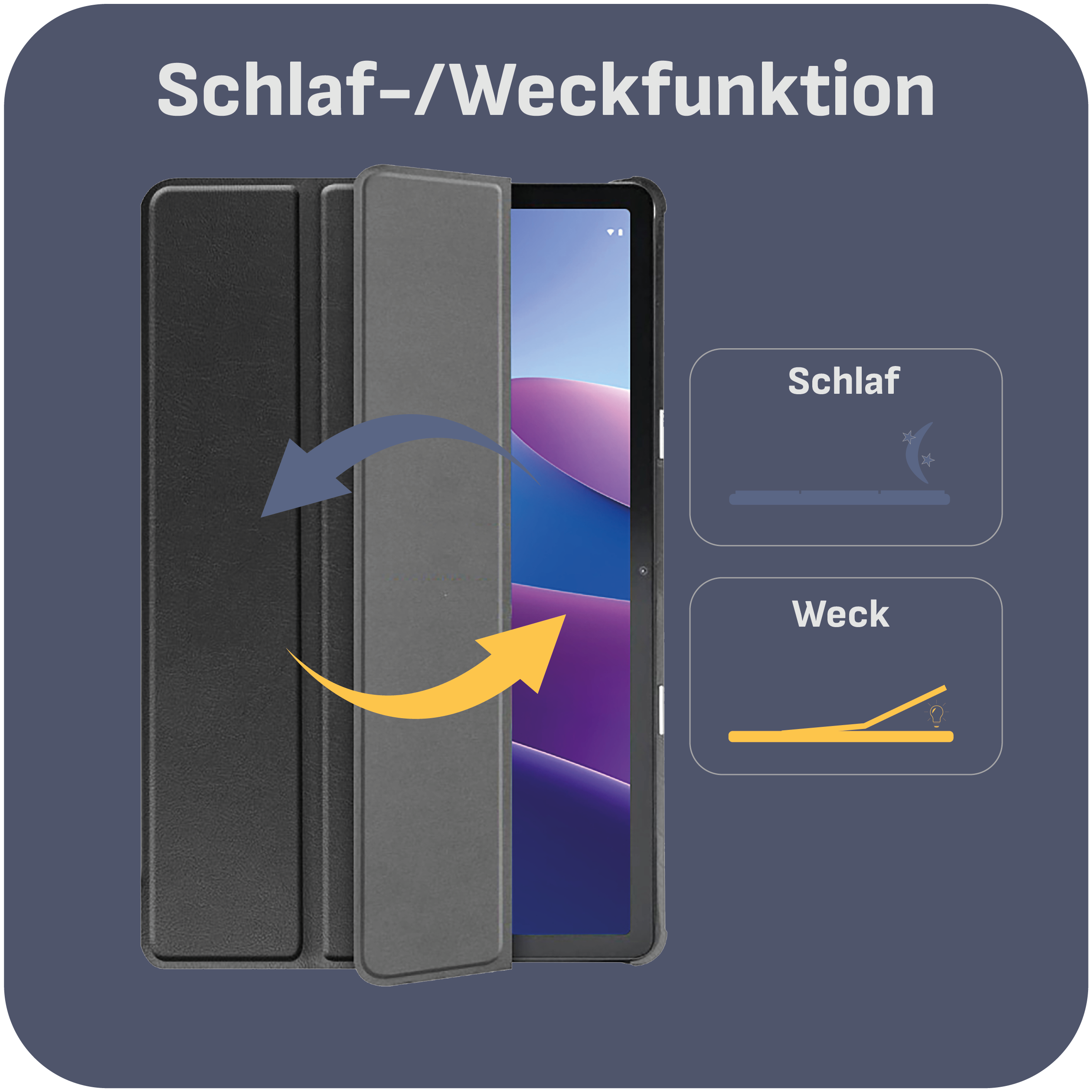 Tablet-Hülle mit Schlaf-/Weckfunktion. Pfeile zeigen das Öffnen. Schlaf hat Mondsymbol. Wecken hat Glühbirnensymbol.