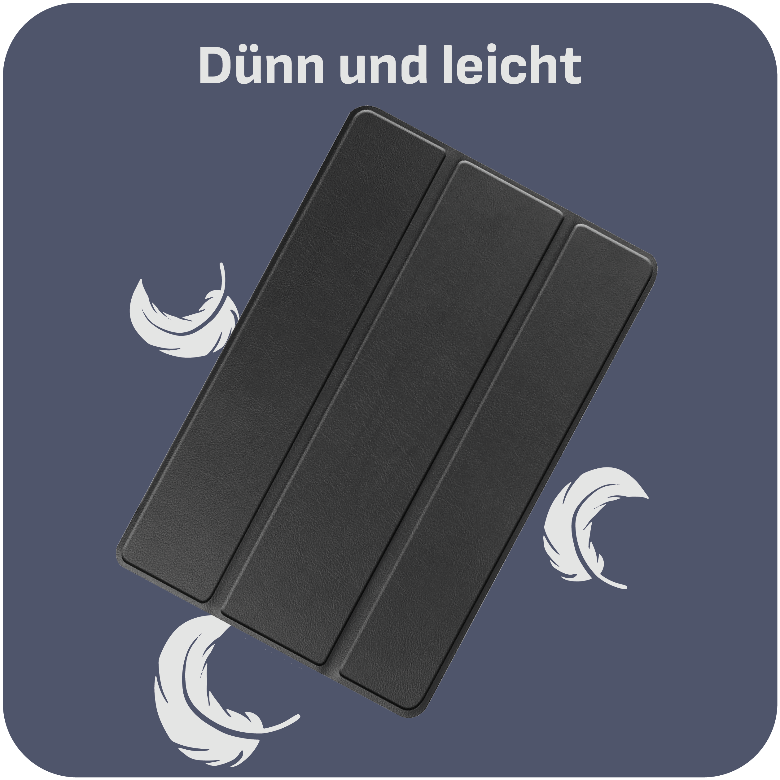 Schwarze Tablet-Hülle auf blauem Hintergrund mit weißen Federn und Text 'Dünn und leicht'.