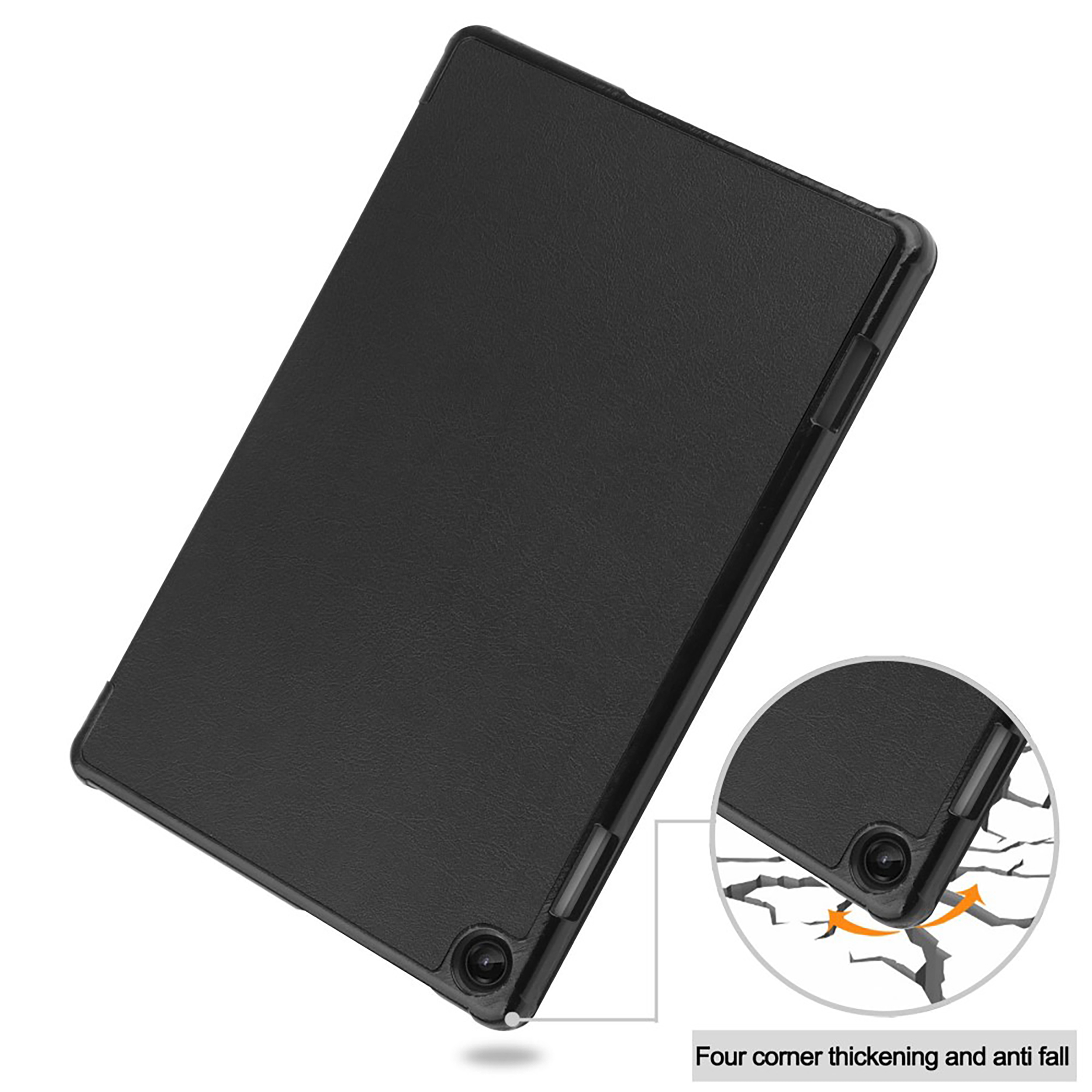 Schwarze Tablet-Hülle. Die Hülle hat eine strukturierte Oberfläche. Ecken haben zusätzlichen Schutz. Text: Vier Eckverdickung und Anti-Fall.