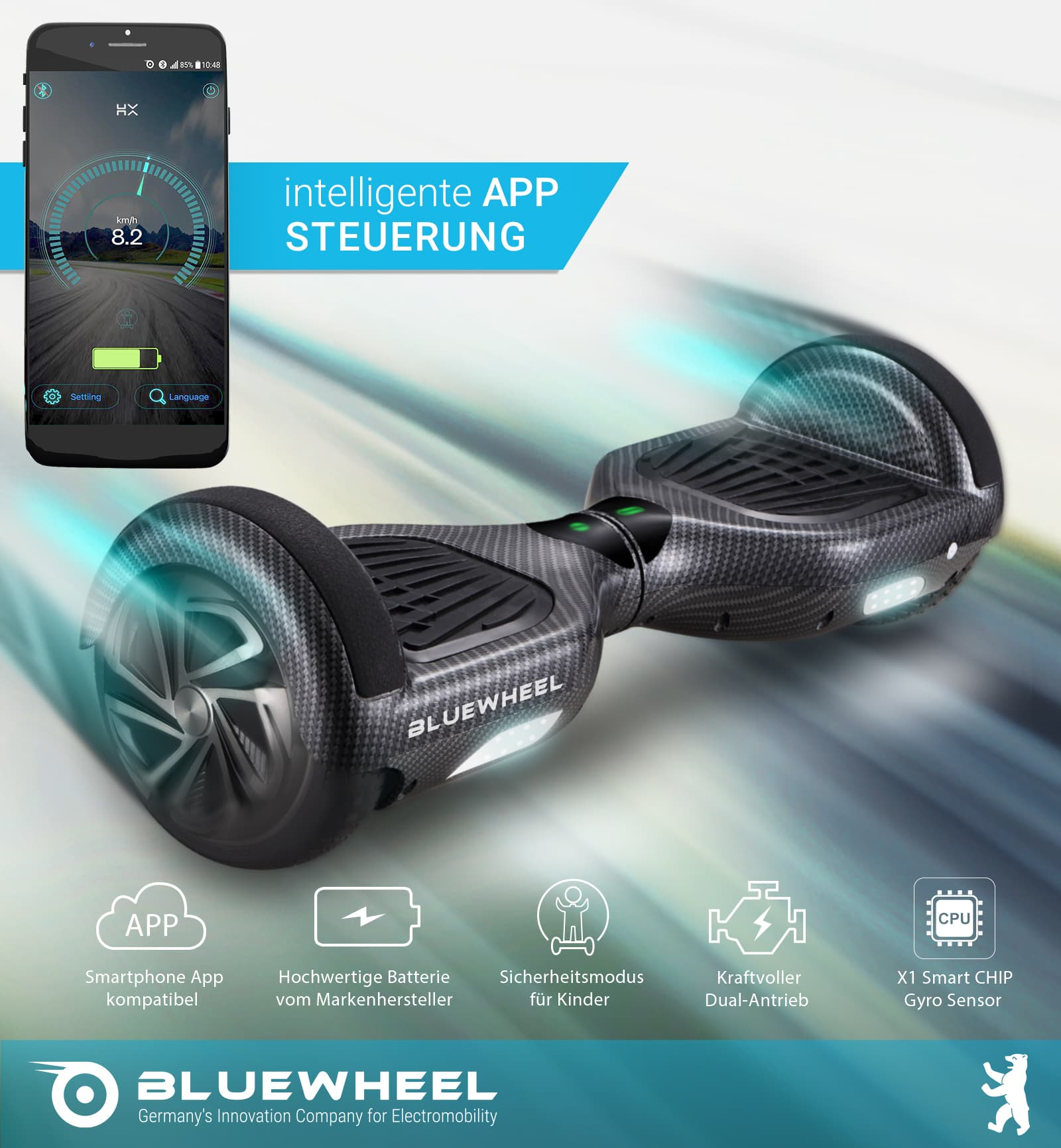 Ein Hoverboard mit einem Telefonbildschirm, der die Geschwindigkeit anzeigt. Text: intelligente APP STEURUNG und BLUEWHEEL.