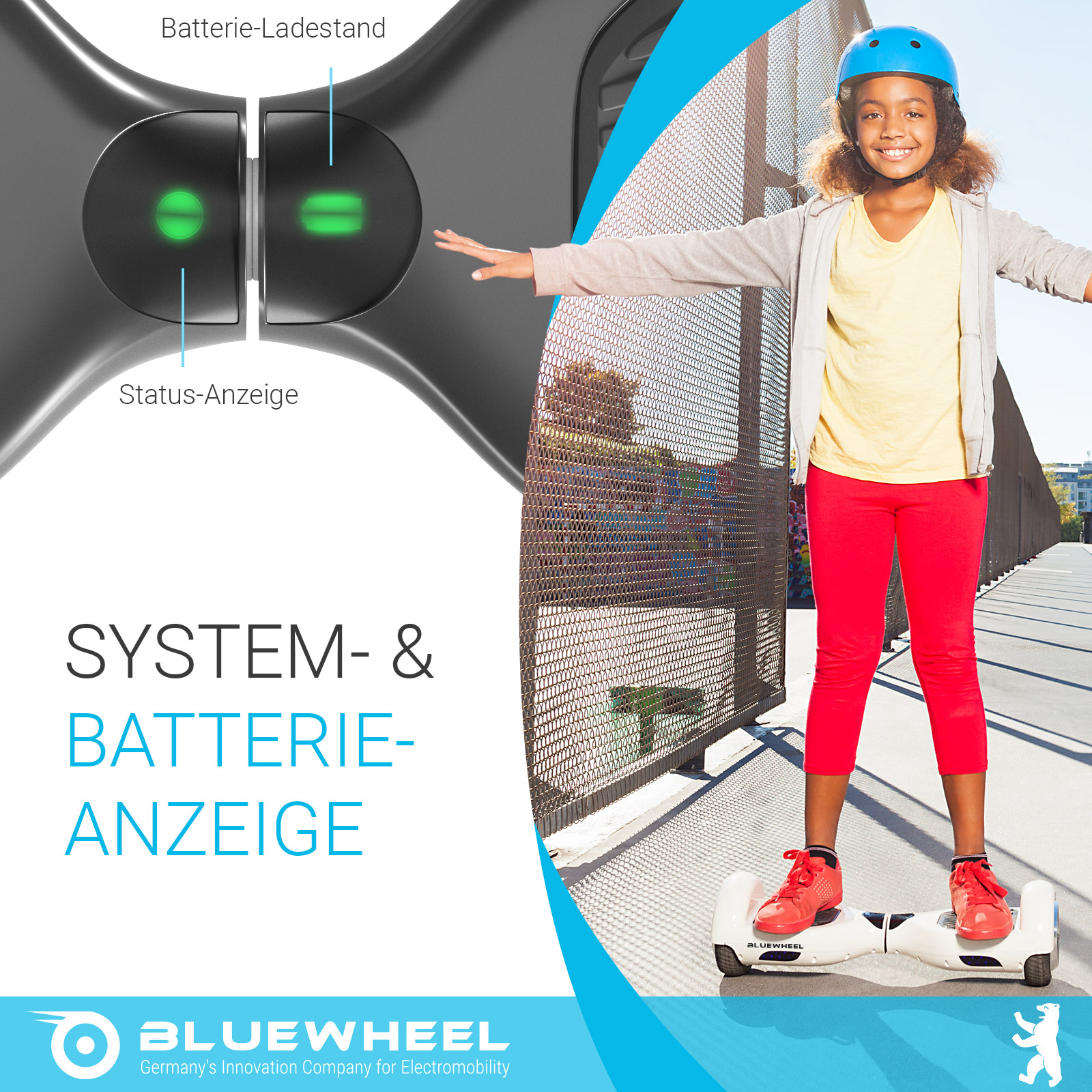 Ein Mädchen in roter Hose und blauem Helm balanciert auf einem Hoverboard. Der Hintergrund hat einen Zaun und einen blau-weißen Abschnitt.
