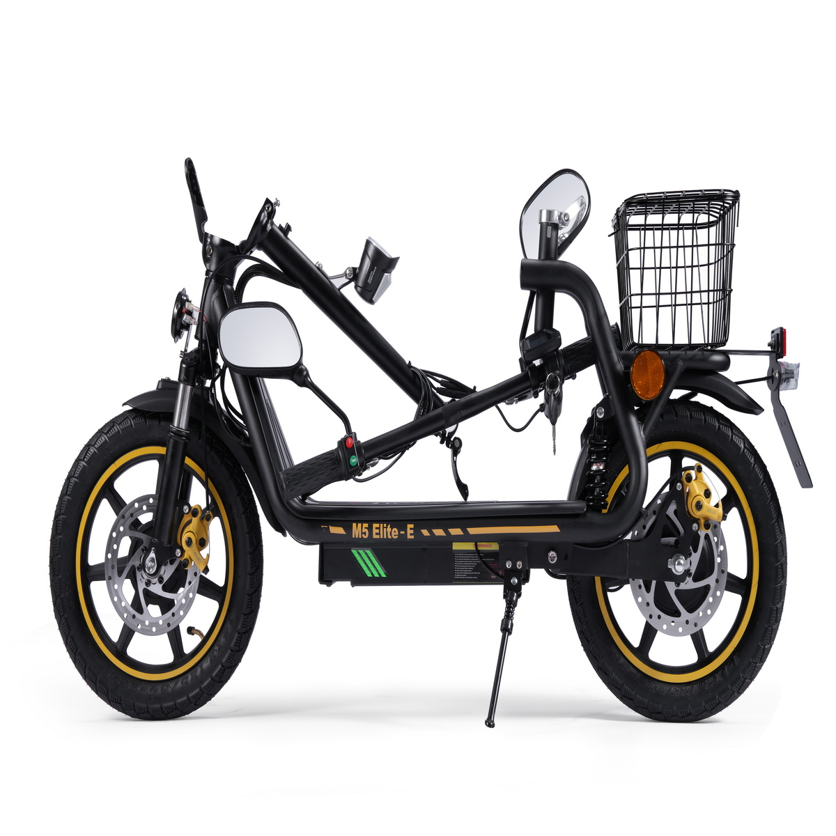 Schwarzer und gelber Elektroroller, Modell M5 Elite-E. Merkmale sind Korb, Spiegel und Scheibenbremsen. Räder haben gelbe Felgen.