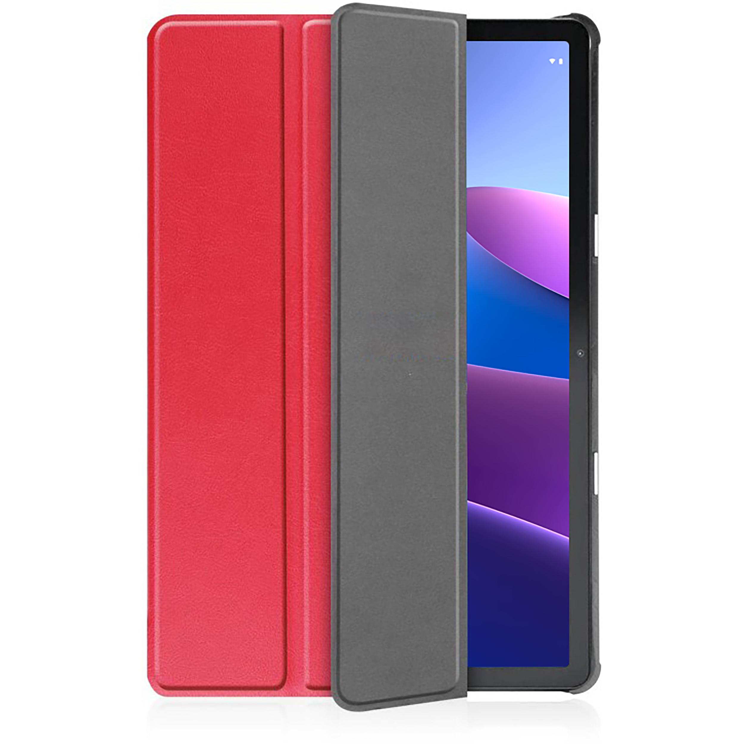 Ein Tablet in einer roten Hülle, teilweise geöffnet. Der Tablettbildschirm zeigt einen blau-violetten Farbverlauf. Die Hülle ist offen.