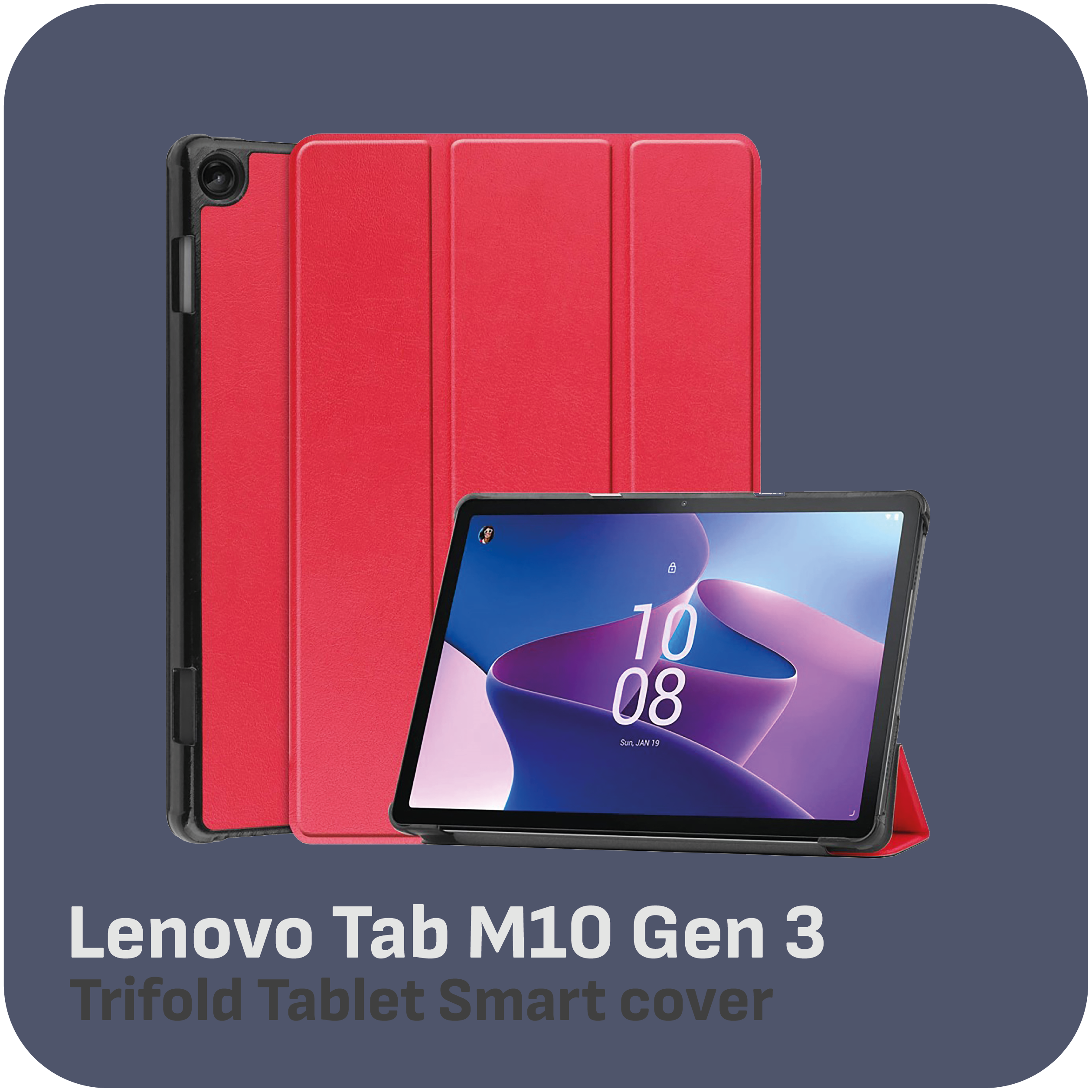Ein Lenovo Tab M10 Gen 3 Tablet wird mit einer roten Smart-Hülle angezeigt. Der Bildschirm zeigt Datum und Uhrzeit.