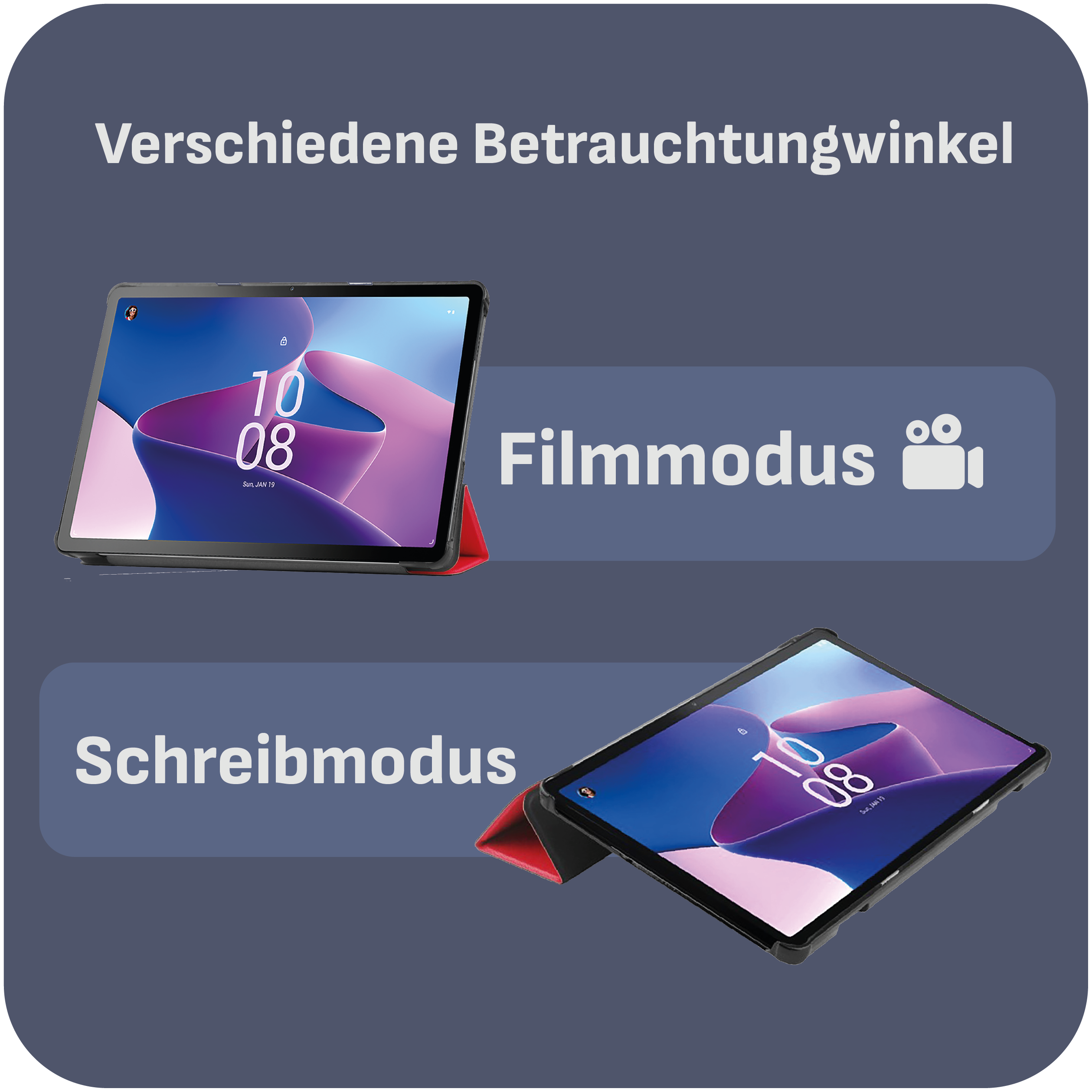 Tablets in zwei Ansichten: Filmmodus und Schreibmodus, mit unterschiedlichen Bildschirmanzeigen. Dunkelblauer Hintergrund.