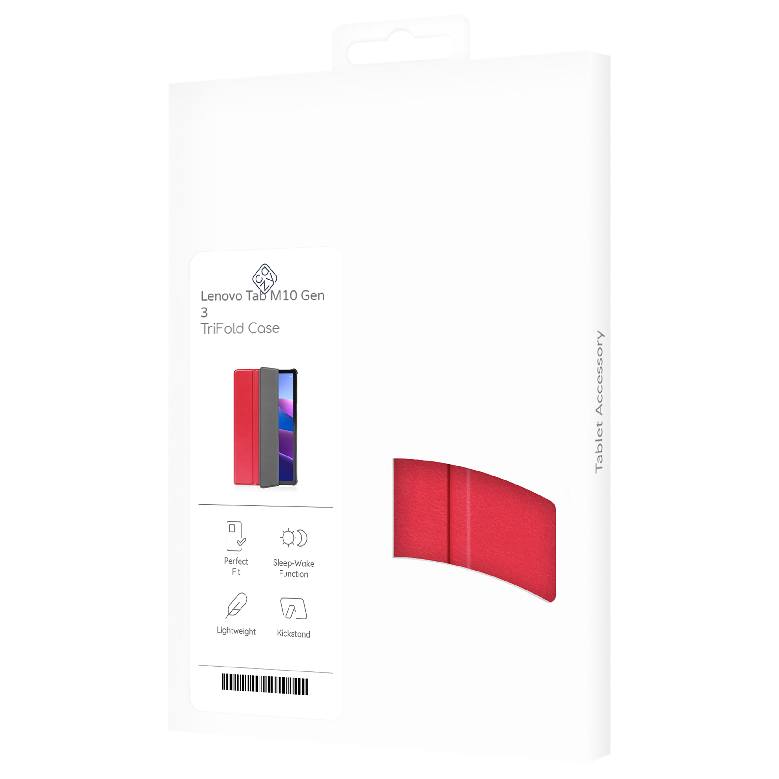 Verpackung für eine Lenovo Tablet-Hülle. Gezeigt werden rote und graue Hüllen sowie Symbole für Funktionen.