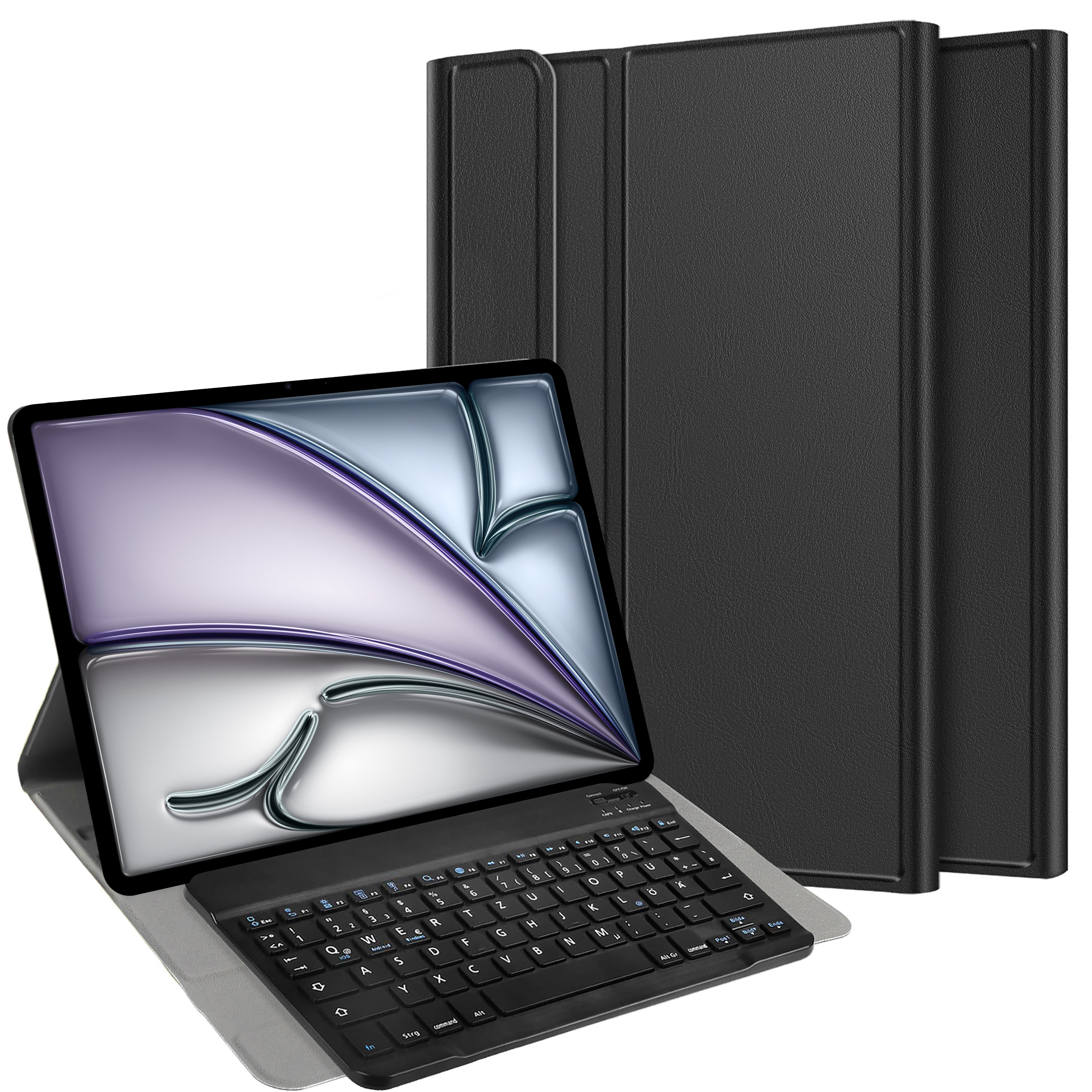 Tablet mit Tastatur und Hülle. Der Tablet-Bildschirm hat ein lila Design. Die Tastatur ist schwarz.