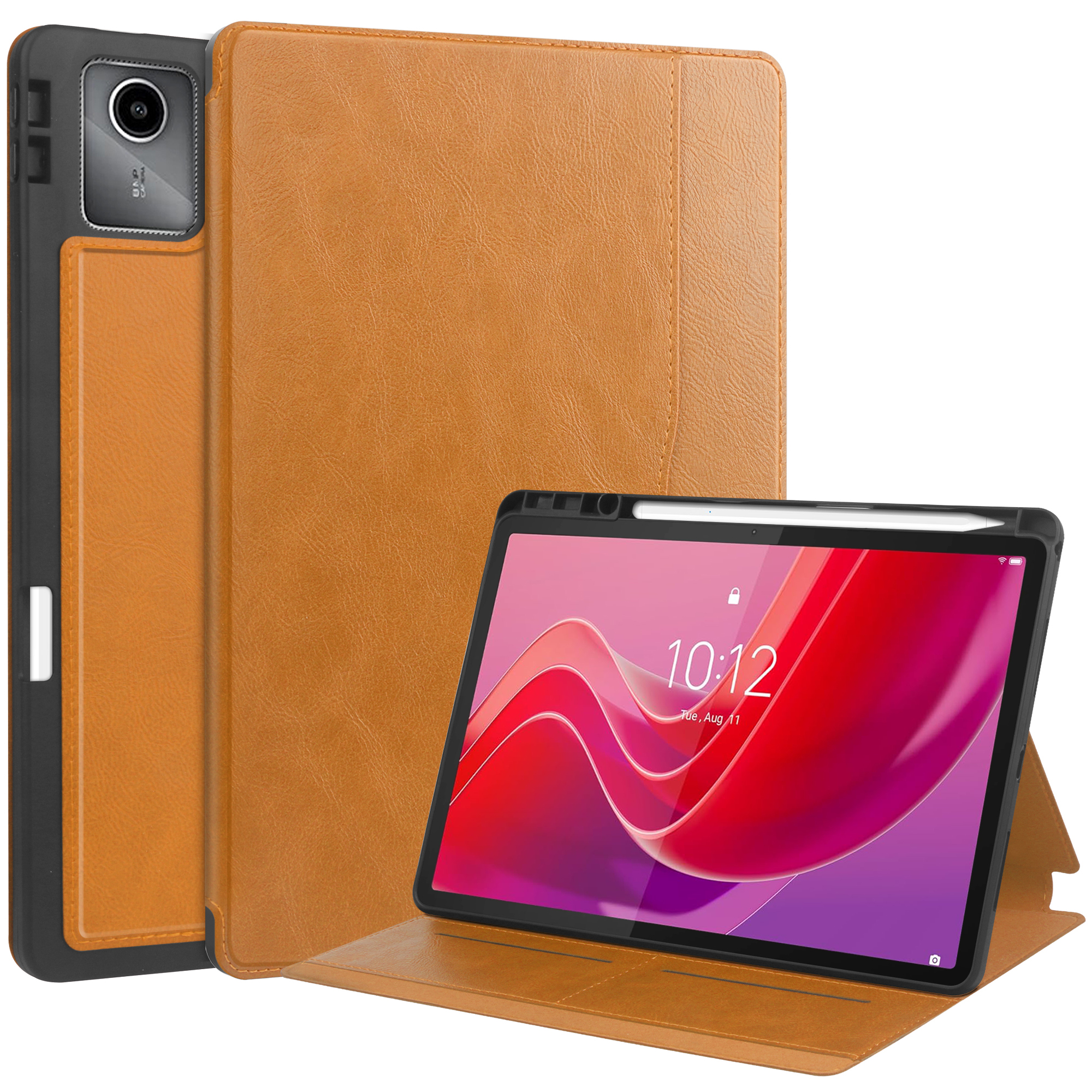 Tablet mit brauner Lederhülle. Der Bildschirm zeigt die Uhrzeit an. Ein Stift befindet sich oben. Die Hülle ist offen.