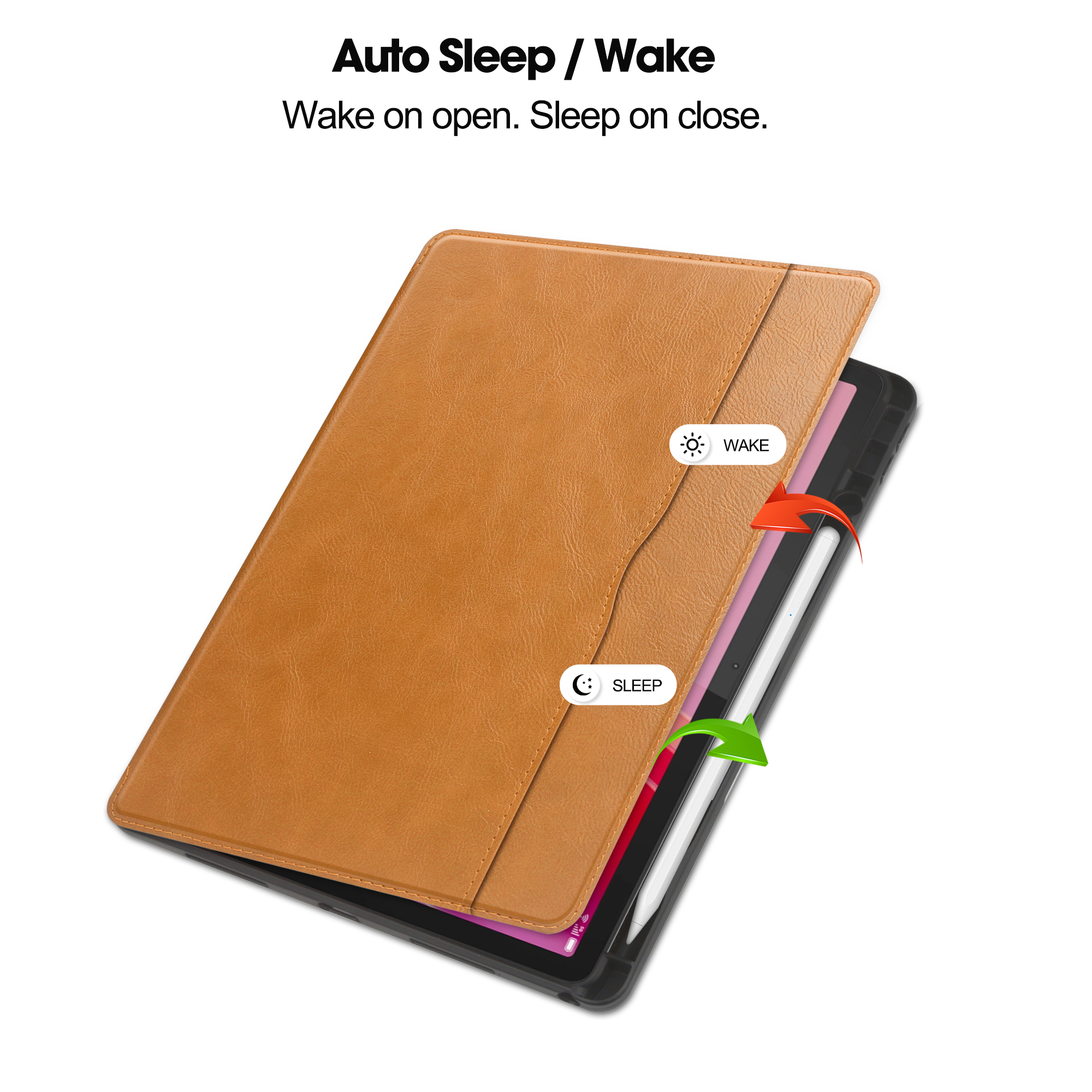 Tablet in einer braunen Lederhülle. Text: 'Auto Sleep/Wake'. Pfeile zeigen Wake on Open, Sleep on Close.
