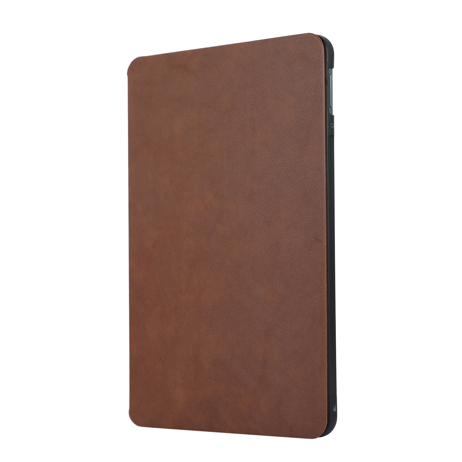 Eine braune Lederhülle für ein Tablet. Sie hat einen schwarzen Rand und steht vor weißem Hintergrund.