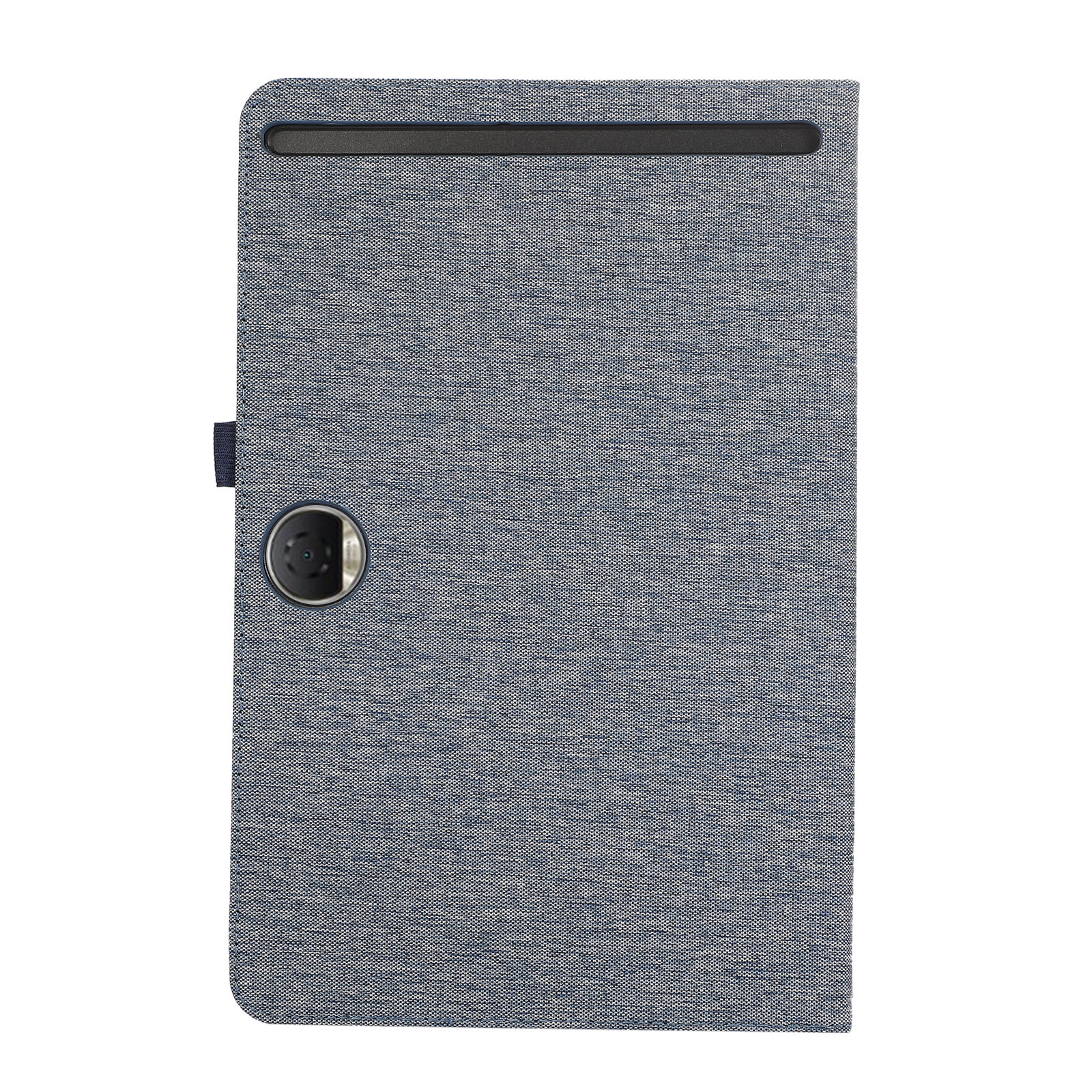 Eine blaue Tablet-Hülle aus Stoff mit einem schwarzen Balken oben. Sie hat einen kameraähnlichen Knopf und einen kleinen Riemen.