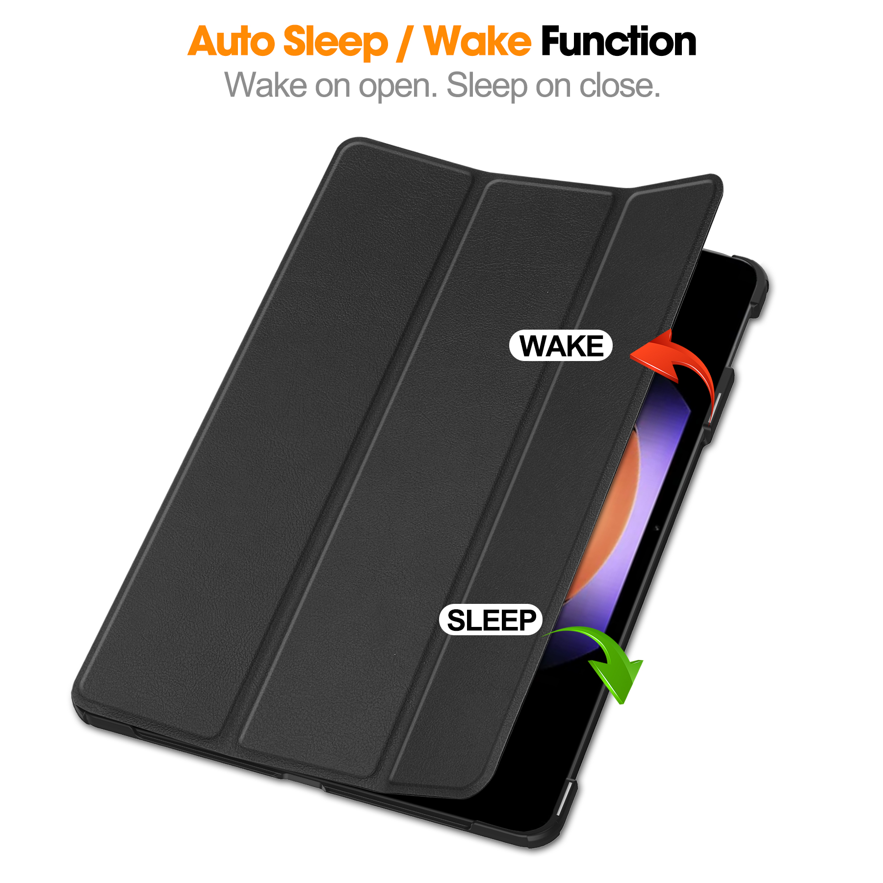 Schwarze Tablethülle mit 'Wake'- und 'Sleep'-Etiketten. Pfeile zeigen Öffnungs- und Schließfunktionen. Text: Auto Sleep/Wake Funktion.