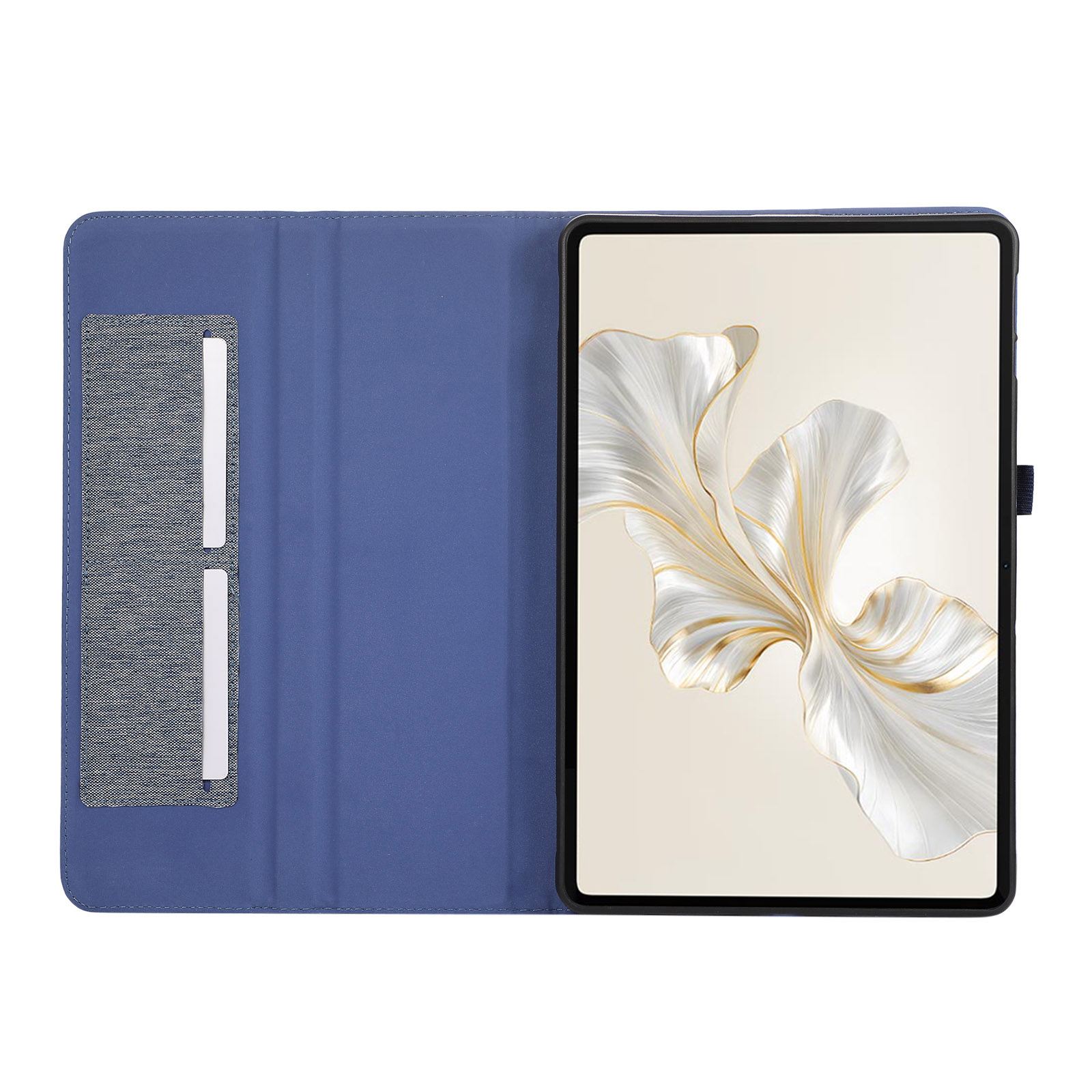Tablet in blauem Gehäuse, geöffnet, um den Bildschirm zu zeigen. Der Bildschirm zeigt weiße Blumenkunst mit goldenen Akzenten.