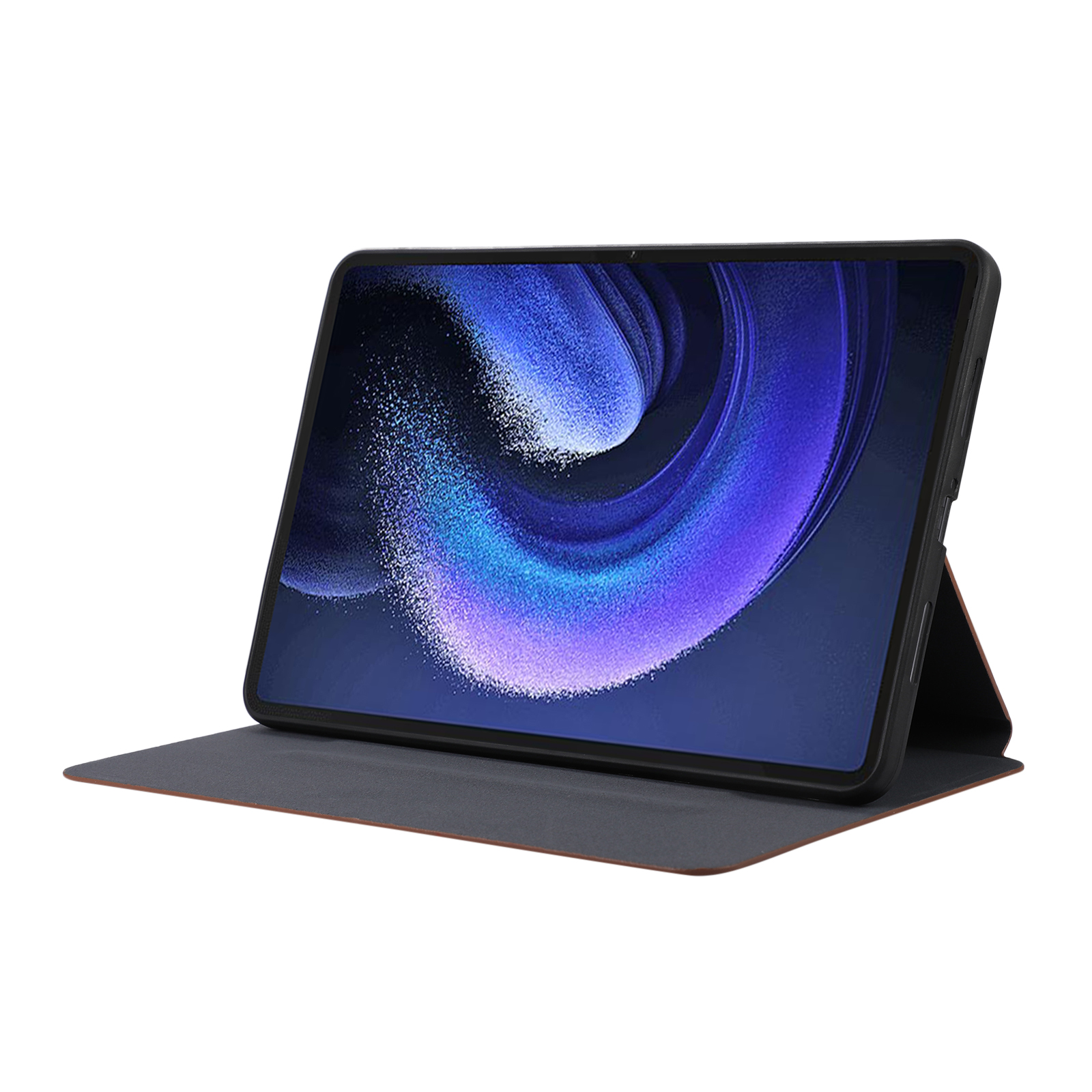 Ein Tablet in einer Hülle auf weißem Hintergrund. Der Bildschirm zeigt ein blaues und weißes Design.