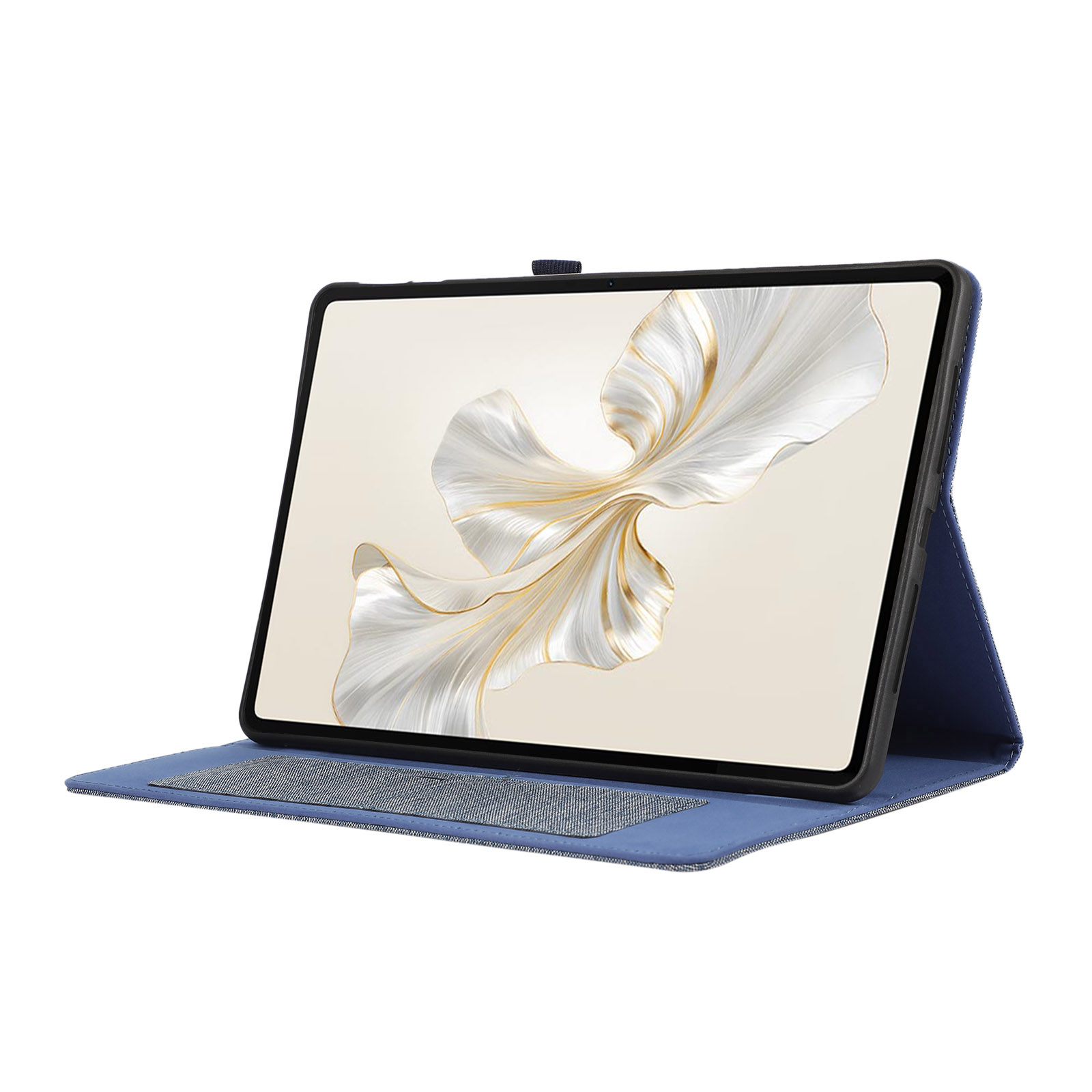 Ein Tablet in einem blauen Gehäuse. Der Bildschirm zeigt ein weißes Blumendesign. Das Gehäuse ist offen und abgewinkelt.