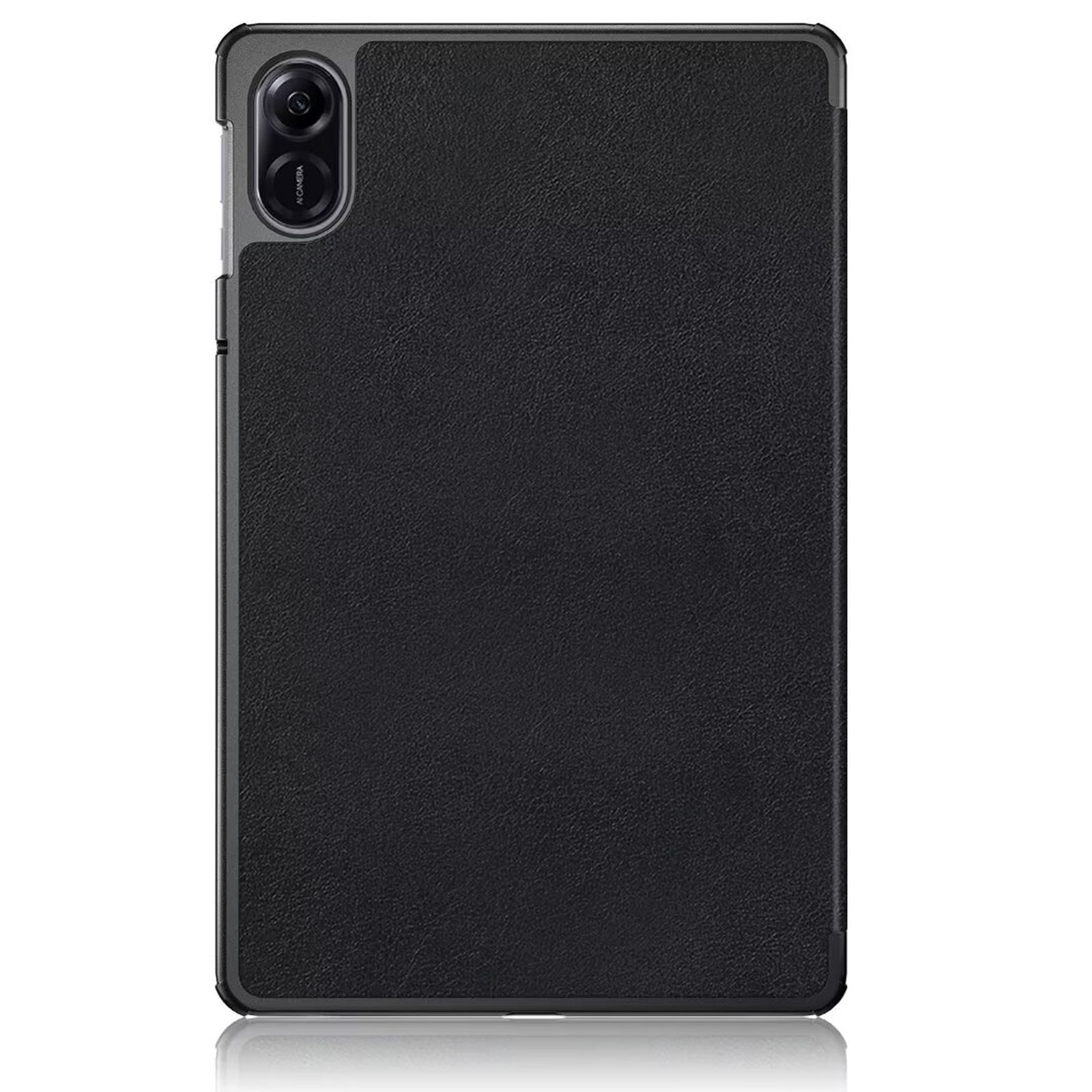 Ein schwarzes Tablet mit Kamera, umgeben von einem dunkelgrauen Rahmen. Die Rückseite hat eine strukturierte, lederartige Oberfläche.