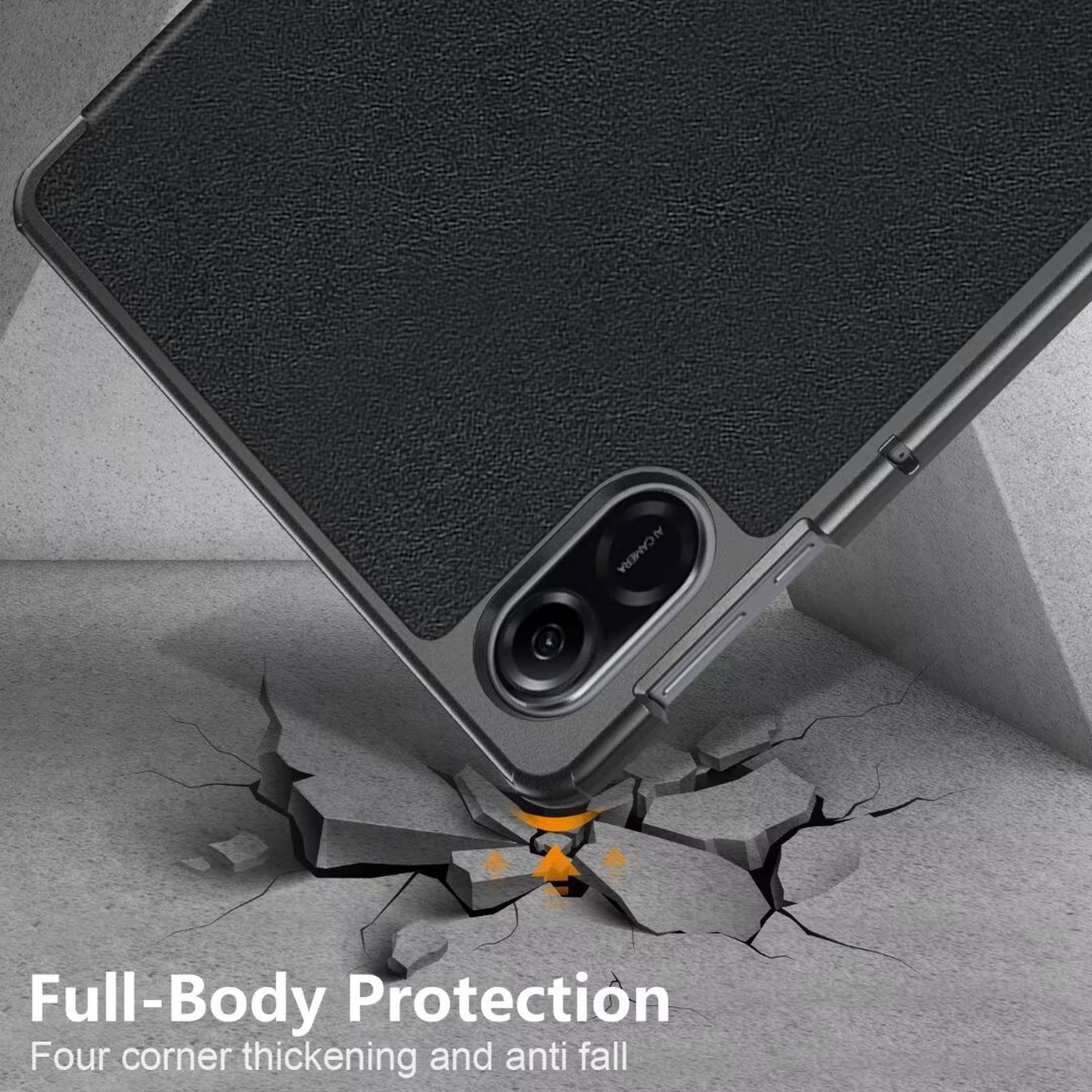 Handyhülle schützt ein Telefon. Das Telefon durchbricht den Boden und deutet auf einen Fallschutz hin. Grau- und Schwarztöne dominieren.