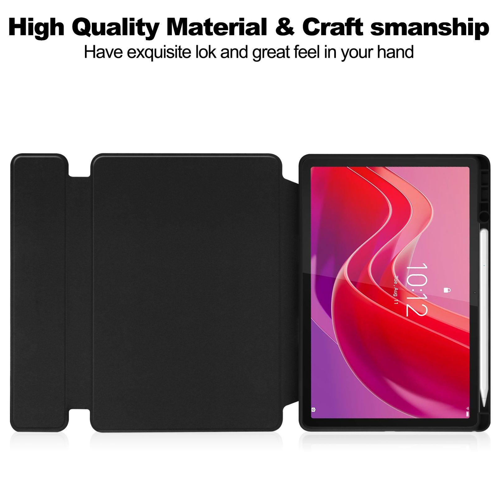 Schwarze Tablet-Hülle geöffnet mit einem Tablet, das die Uhrzeit und das Datum anzeigt. Text oben: Hochwertiges Material und Handwerkskunst.
