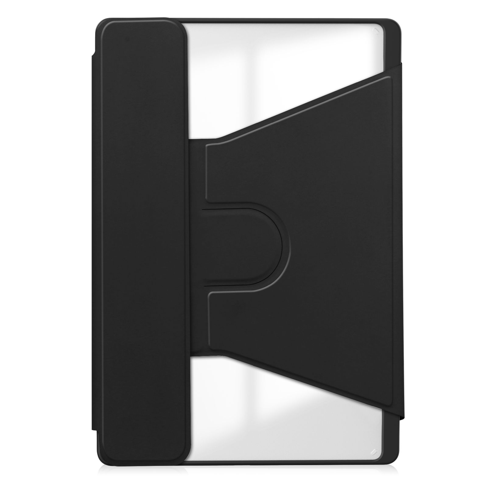 Schwarze Brieftasche mit weißem Innenraum. Sie hat ein geometrisches Design mit gebogenen und abgewinkelten Abschnitten.
