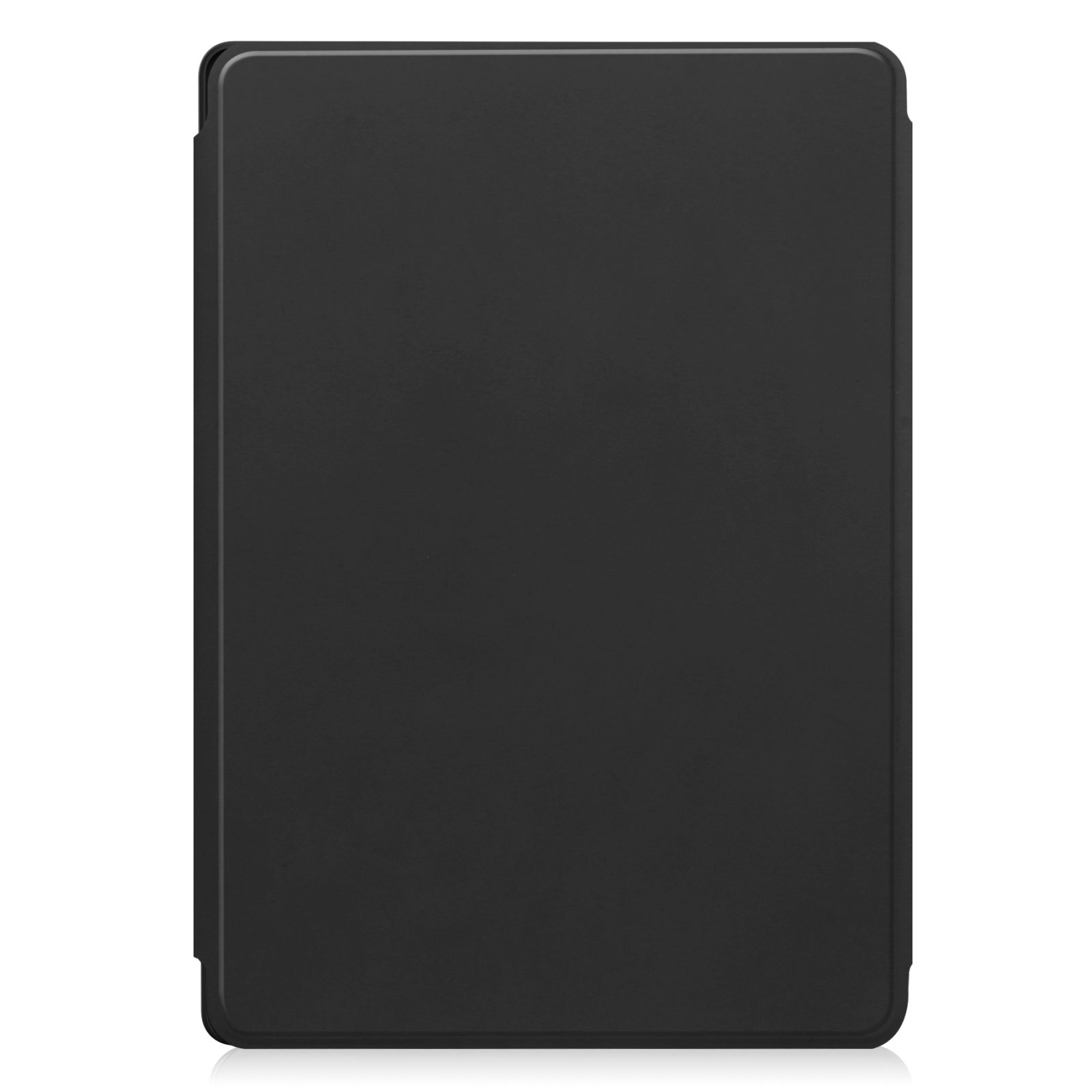 Eine rechteckige, schwarze Tablethülle. Die Hülle ist geschlossen und die Oberfläche ist matt. Der Hintergrund ist weiß.