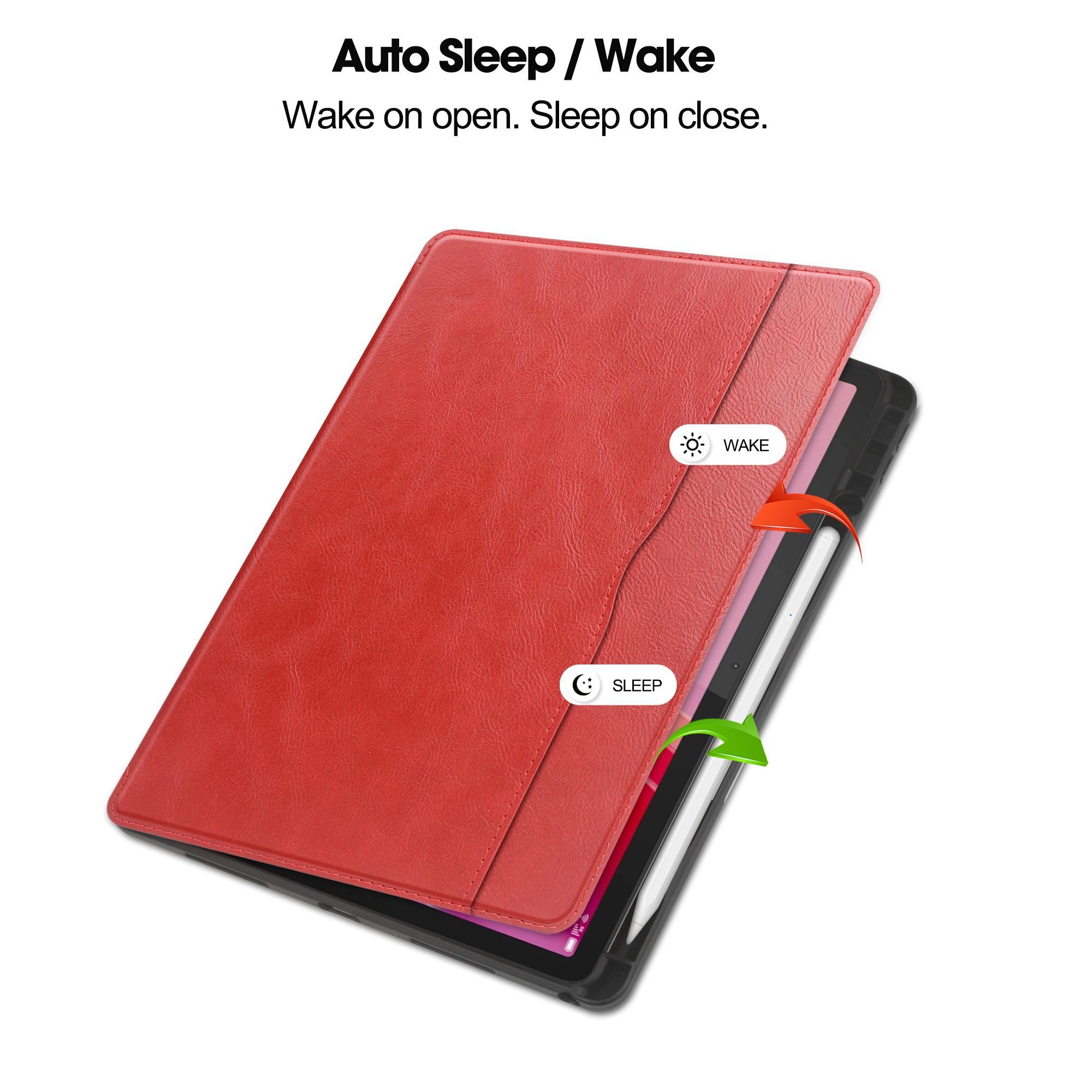 Rote Tablethülle mit Tablet. Text: Auto Sleep/Wake. Wake on open, sleep on close. Weck- und Schlaf-Symbole sind vorhanden.