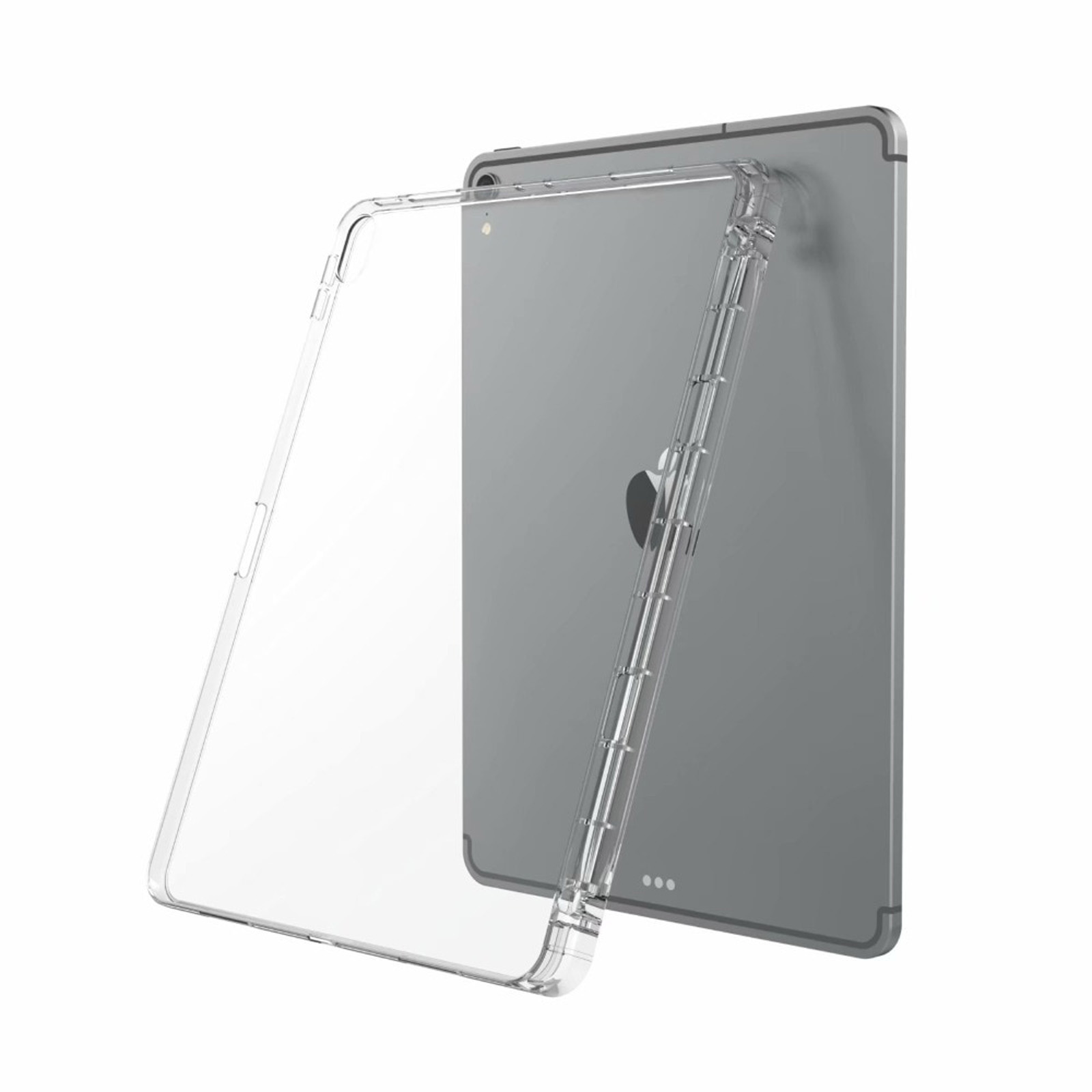 Eine transparente Schutzhülle bedeckt teilweise ein graues Tablet. Die Hülle ist offen und zeigt die Rückseite.
